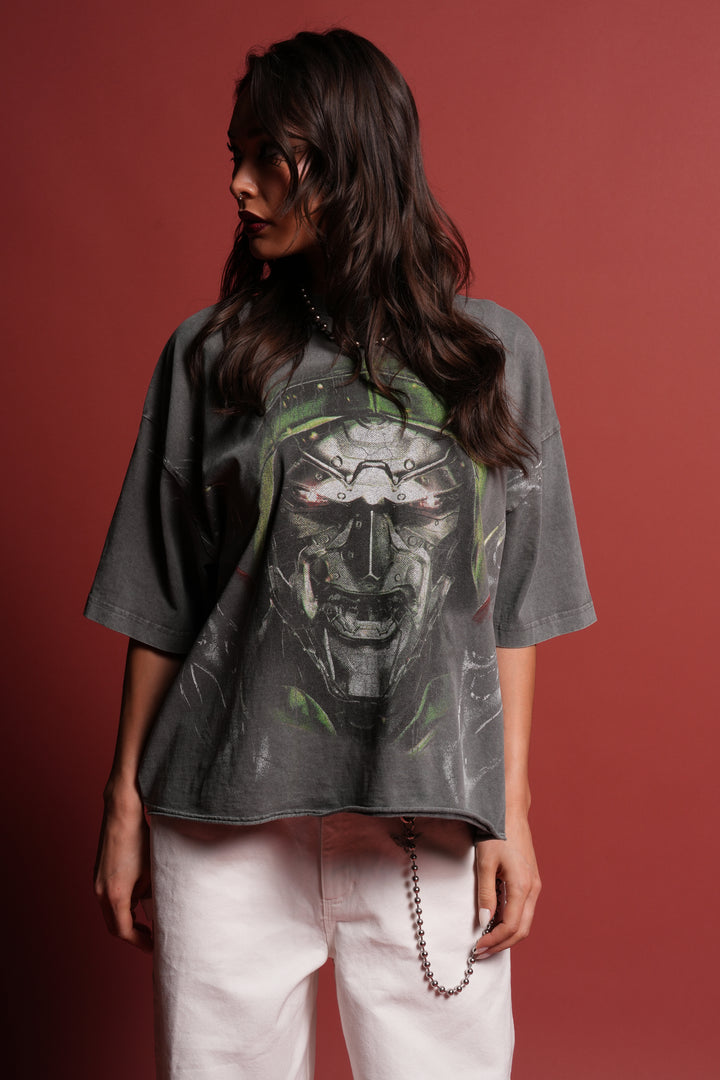 Doom Defiant Grunge Raw Hem Box Cut Tee in Wolf Gray