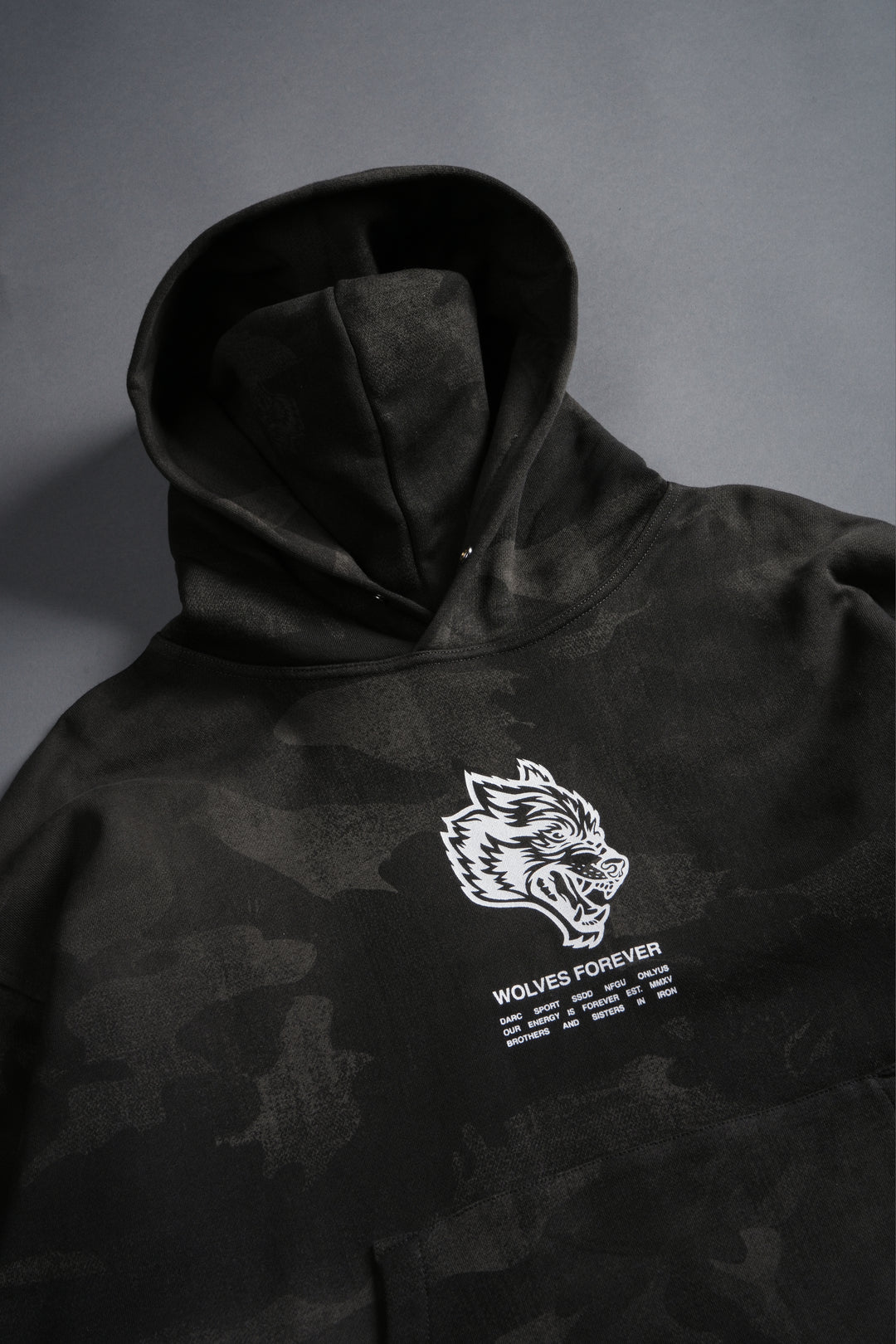 Wolves Have Your Back Unisex "Box Cut" Pierce Hoodie in Black Vintage Woodland Camo