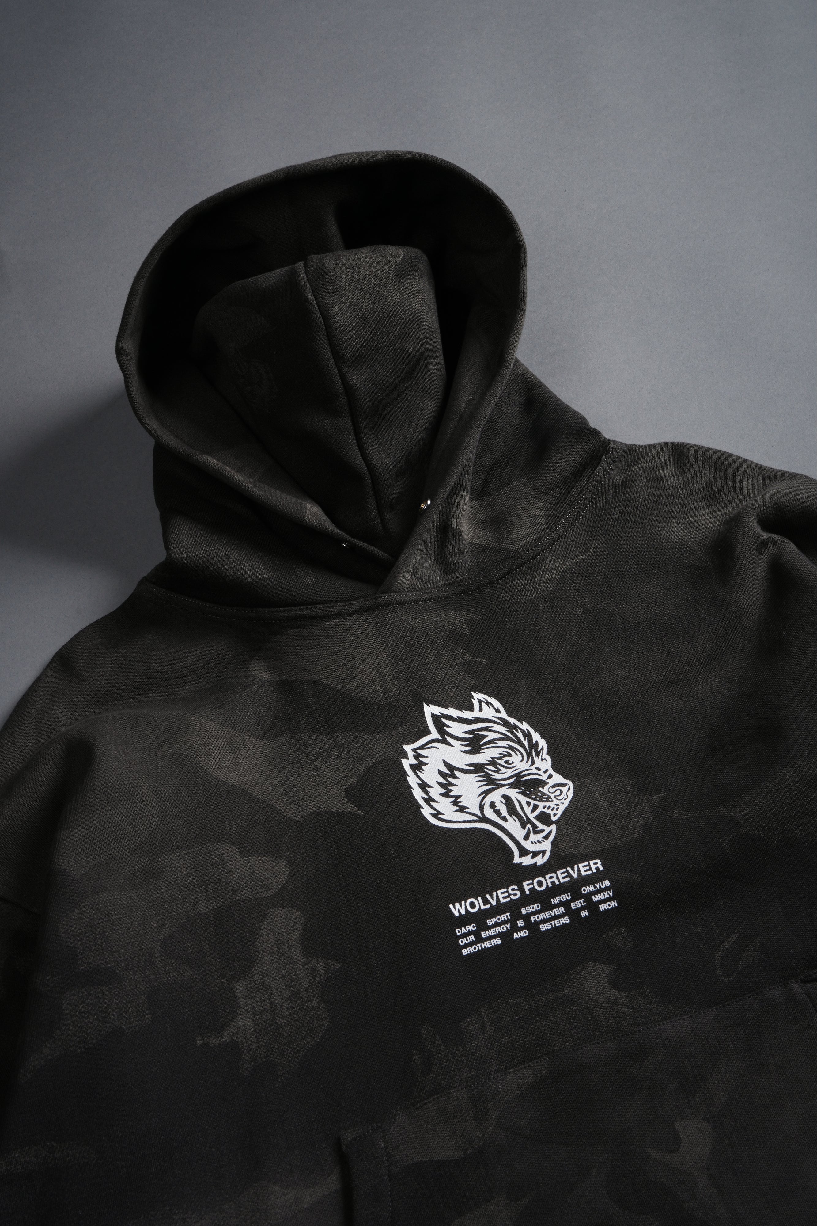 Wolves Have Your Back Unisex "Box Cut" Pierce Hoodie in Black Vintage Woodland Camo