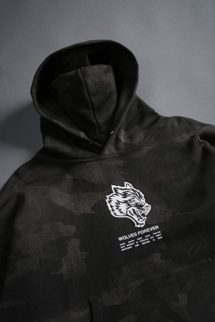 Wolves Have Your Back Unisex "Box Cut" Pierce Hoodie in Black Vintage Woodland Camo