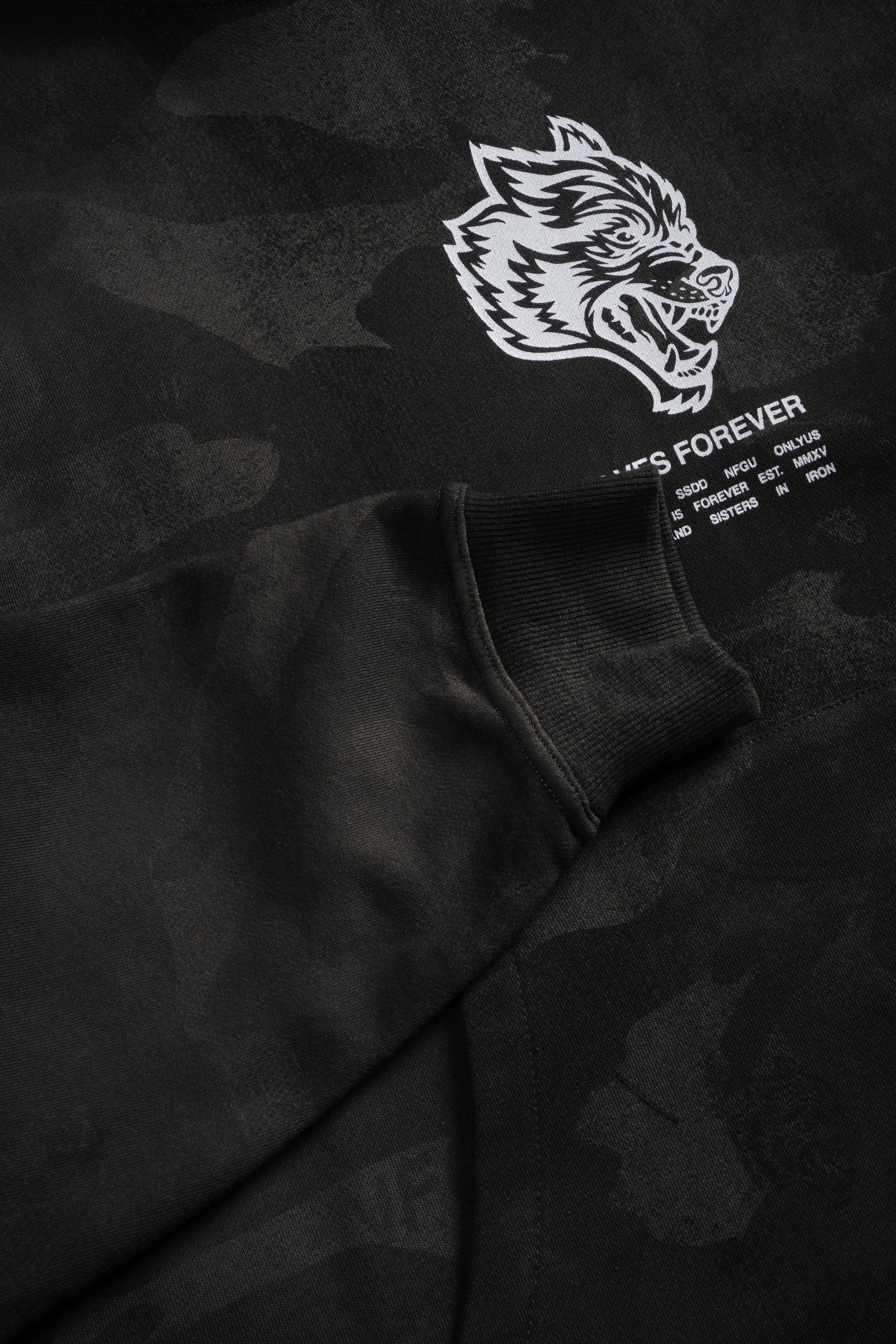 Wolves Have Your Back Unisex "Box Cut" Pierce Hoodie in Black Vintage Woodland Camo