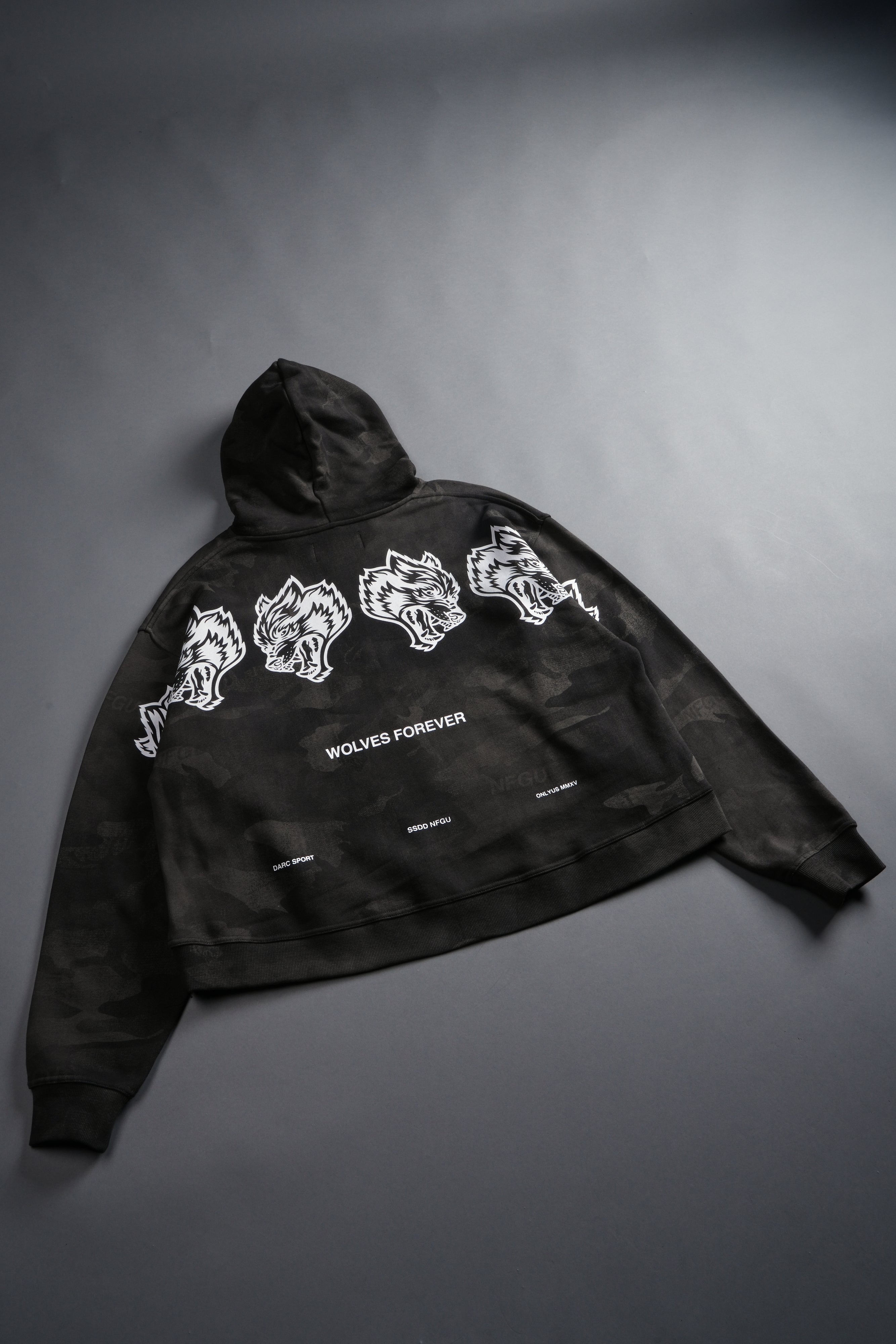 Wolves Have Your Back Unisex "Box Cut" Pierce Hoodie in Black Vintage Woodland Camo