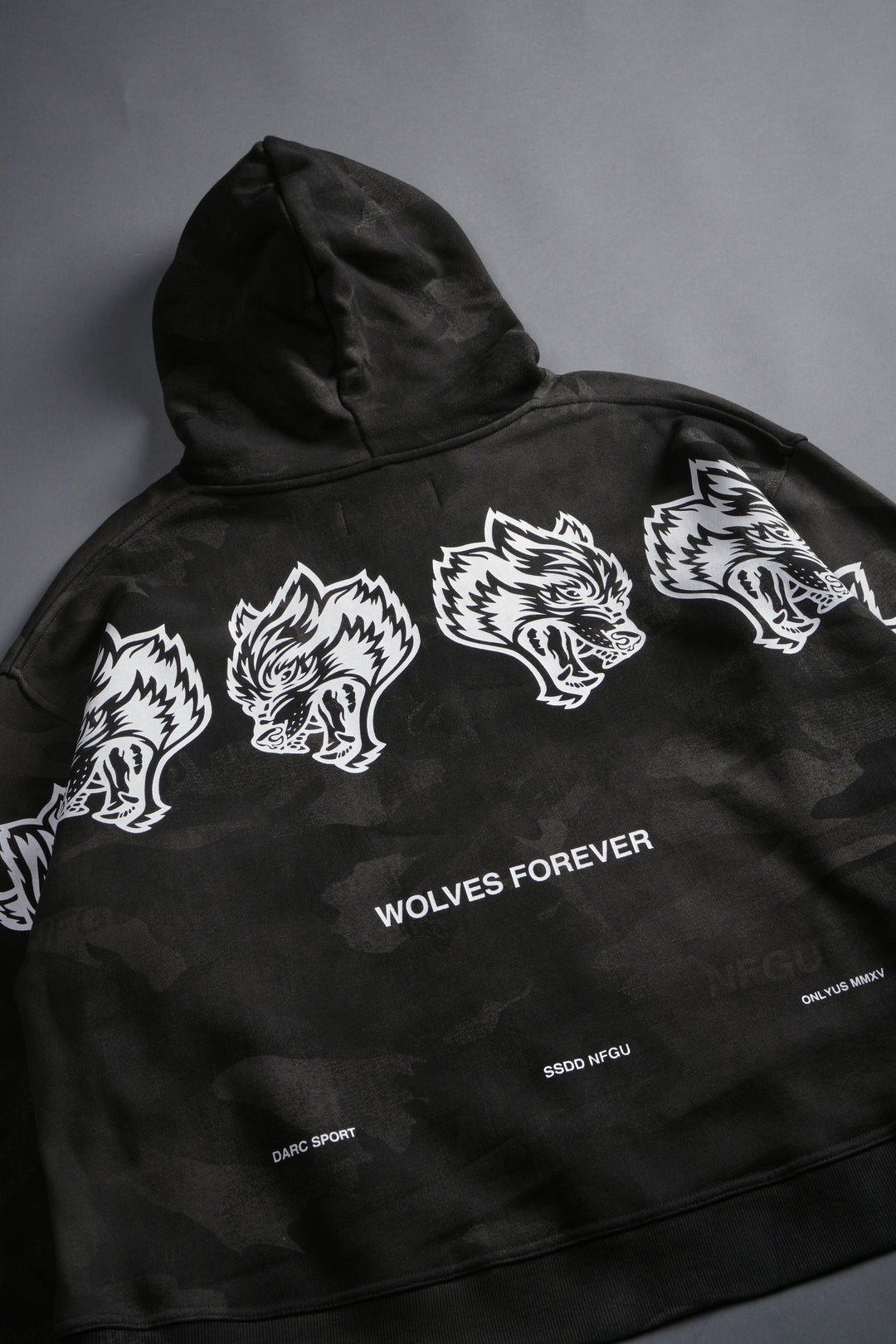 Wolves Have Your Back Unisex "Box Cut" Pierce Hoodie in Black Vintage Woodland Camo
