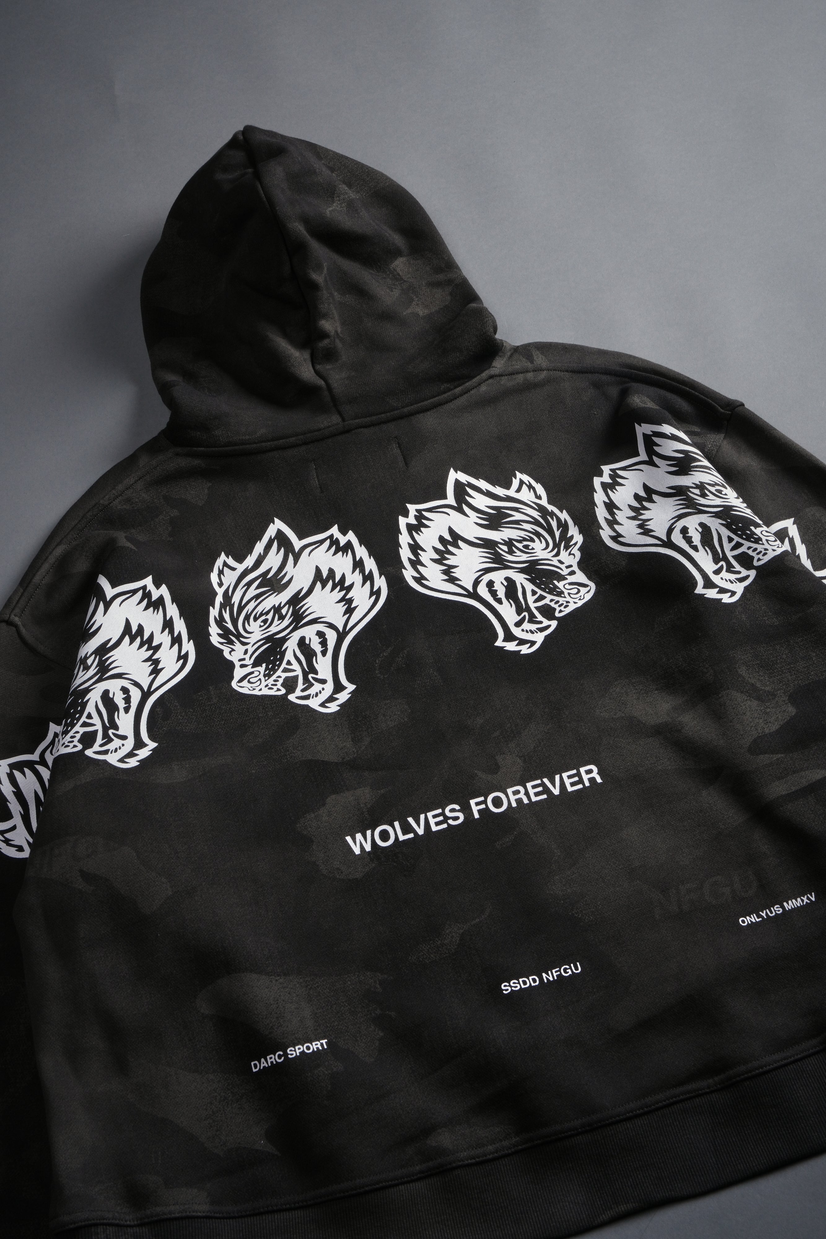 Wolves Have Your Back Unisex "Box Cut" Pierce Hoodie in Black Vintage Woodland Camo