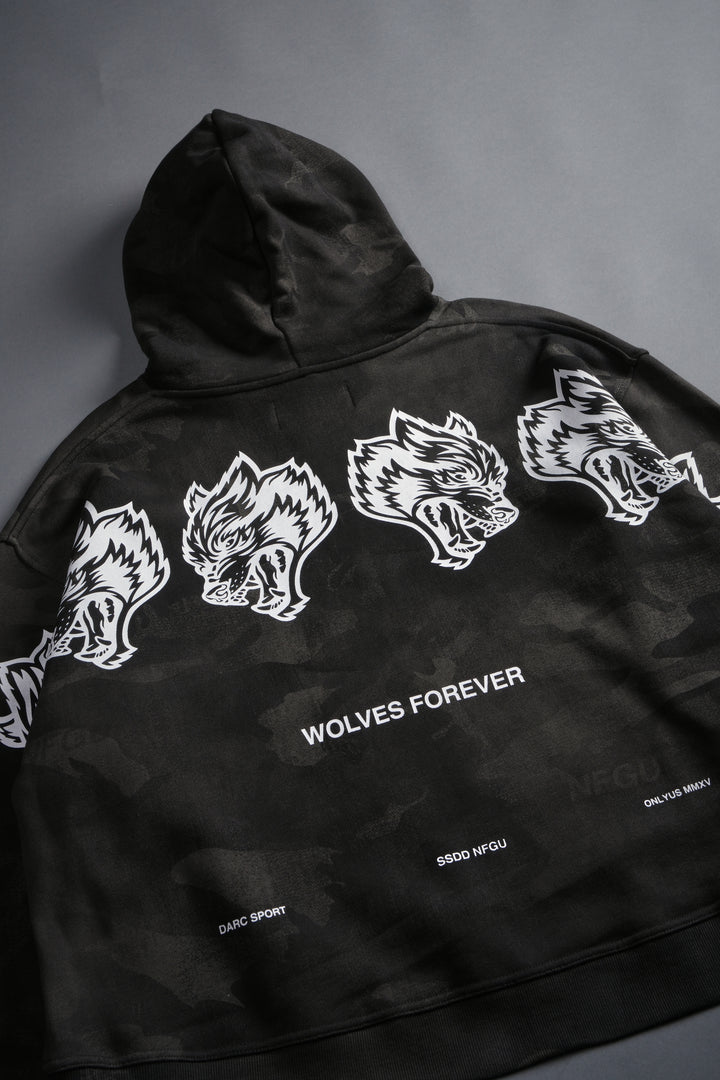 Wolves Have Your Back Unisex "Box Cut" Pierce Hoodie in Black Vintage Woodland Camo