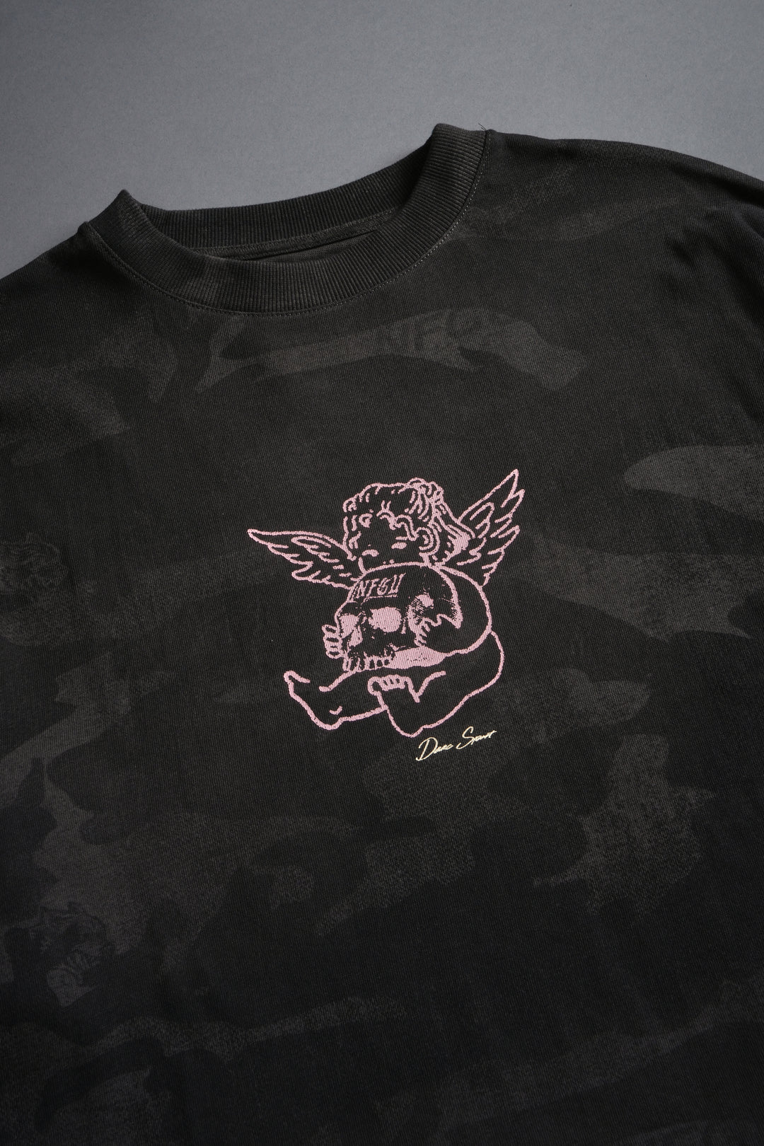 Cherub and the Skull Unisex Premium "Box Cut" Tee in Black Vintage Woodland Camo