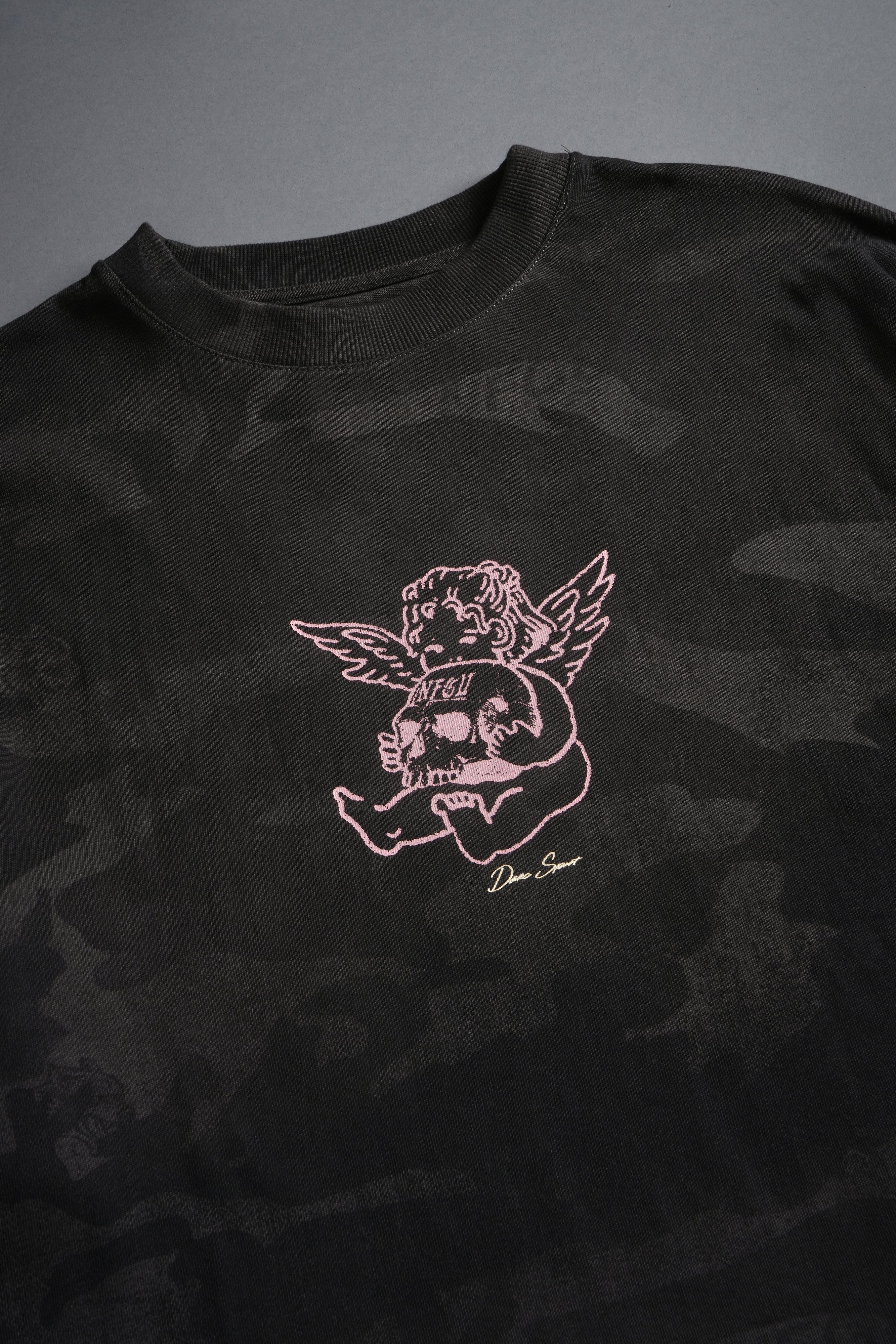 Cherub and the Skull Unisex Premium "Box Cut" Tee in Black Vintage Woodland Camo