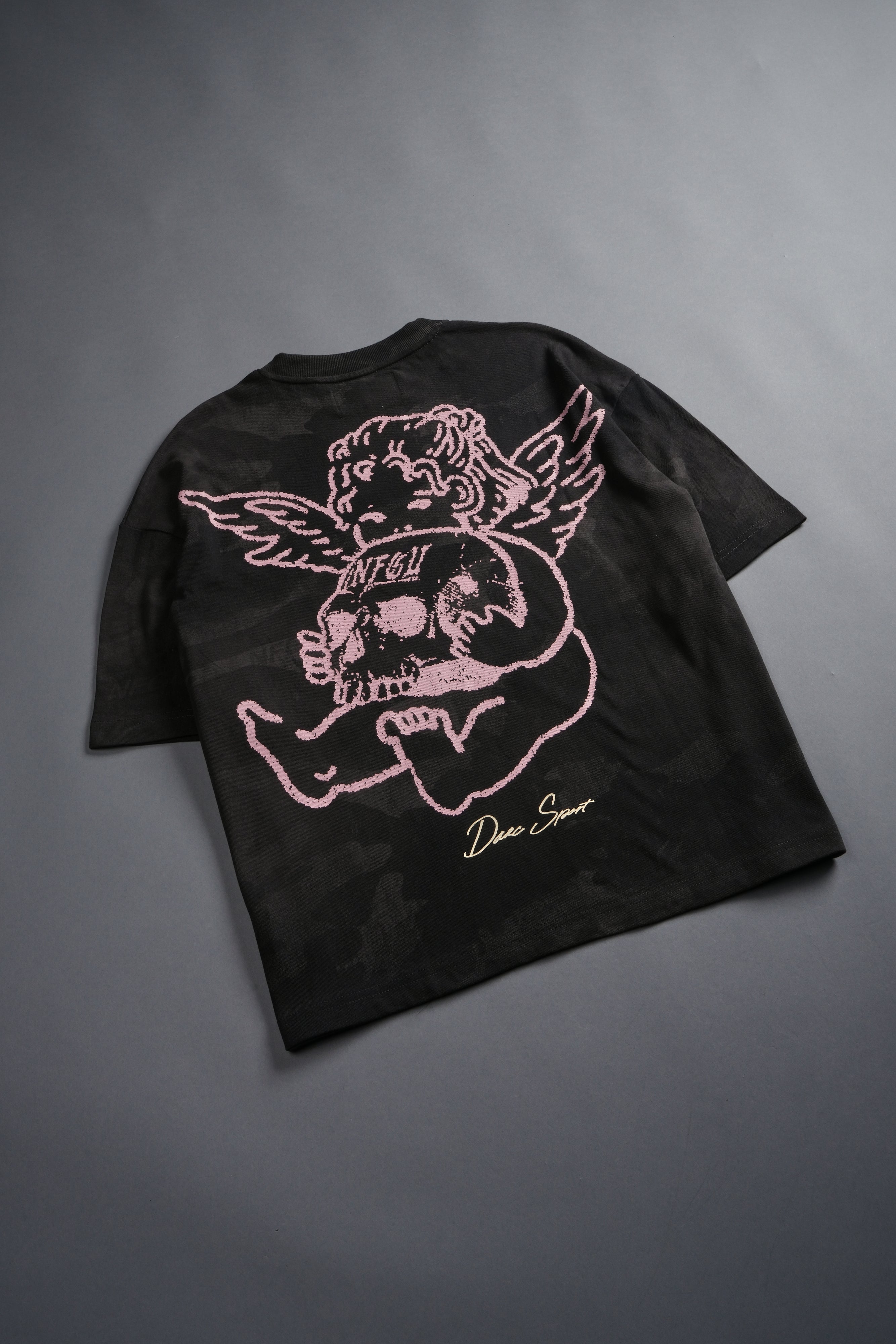 Cherub and the Skull Unisex Premium "Box Cut" Tee in Black Vintage Woodland Camo