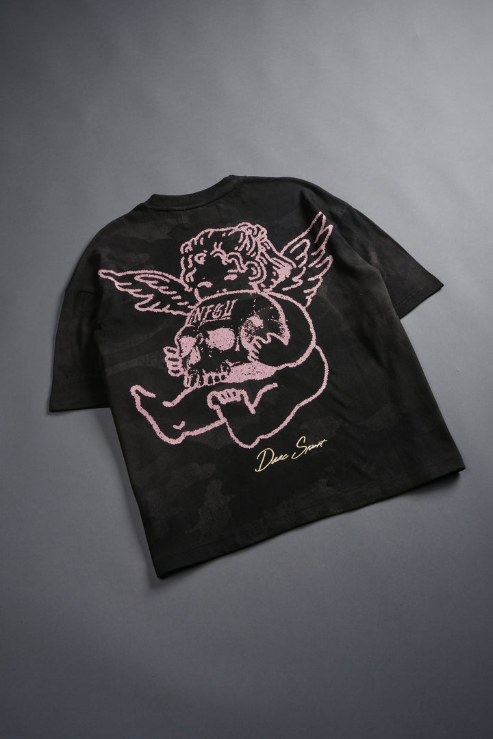 Cherub and the Skull Unisex Premium "Box Cut" Tee in Black Vintage Woodland Camo