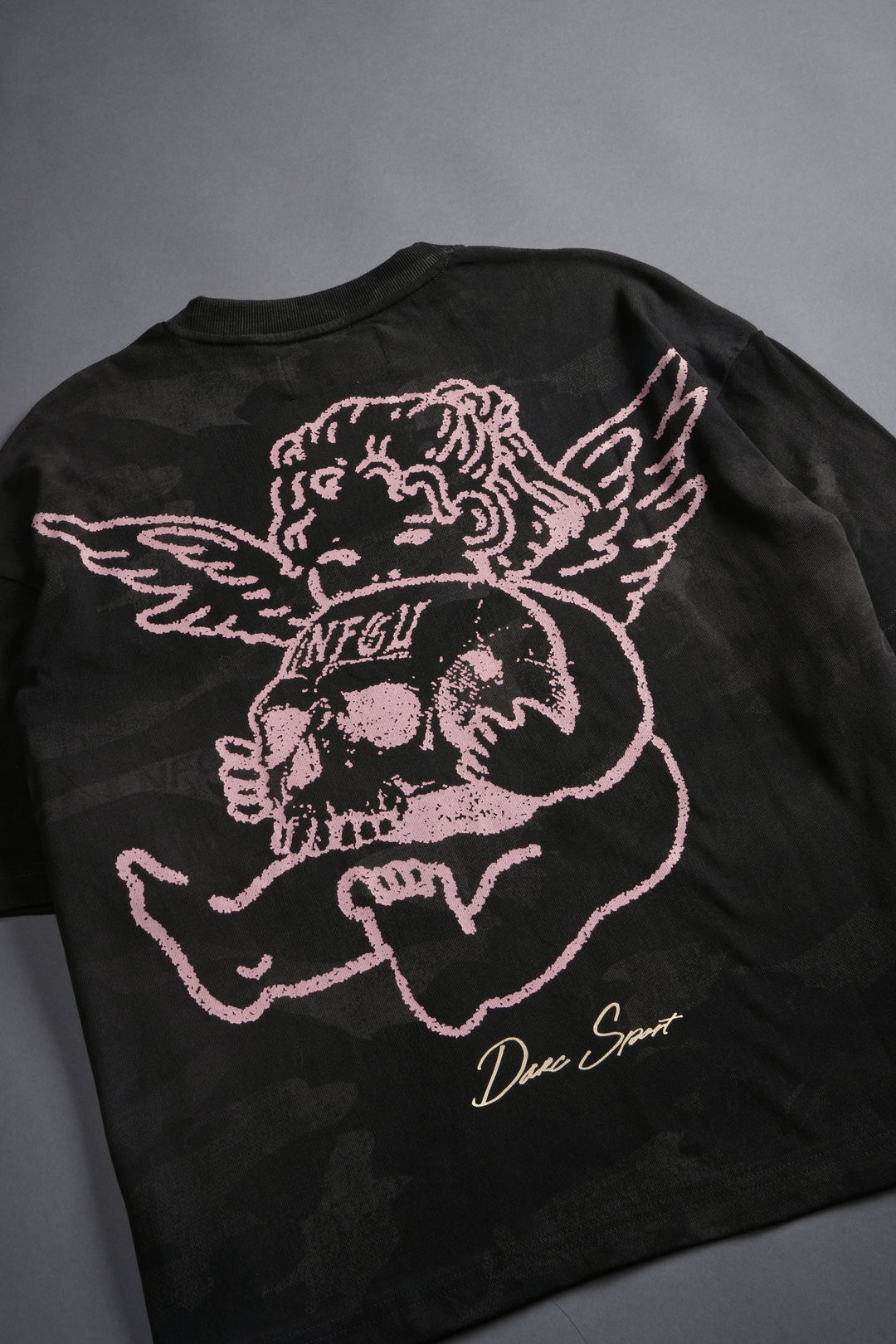 Cherub and the Skull Unisex Premium "Box Cut" Tee in Black Vintage Woodland Camo