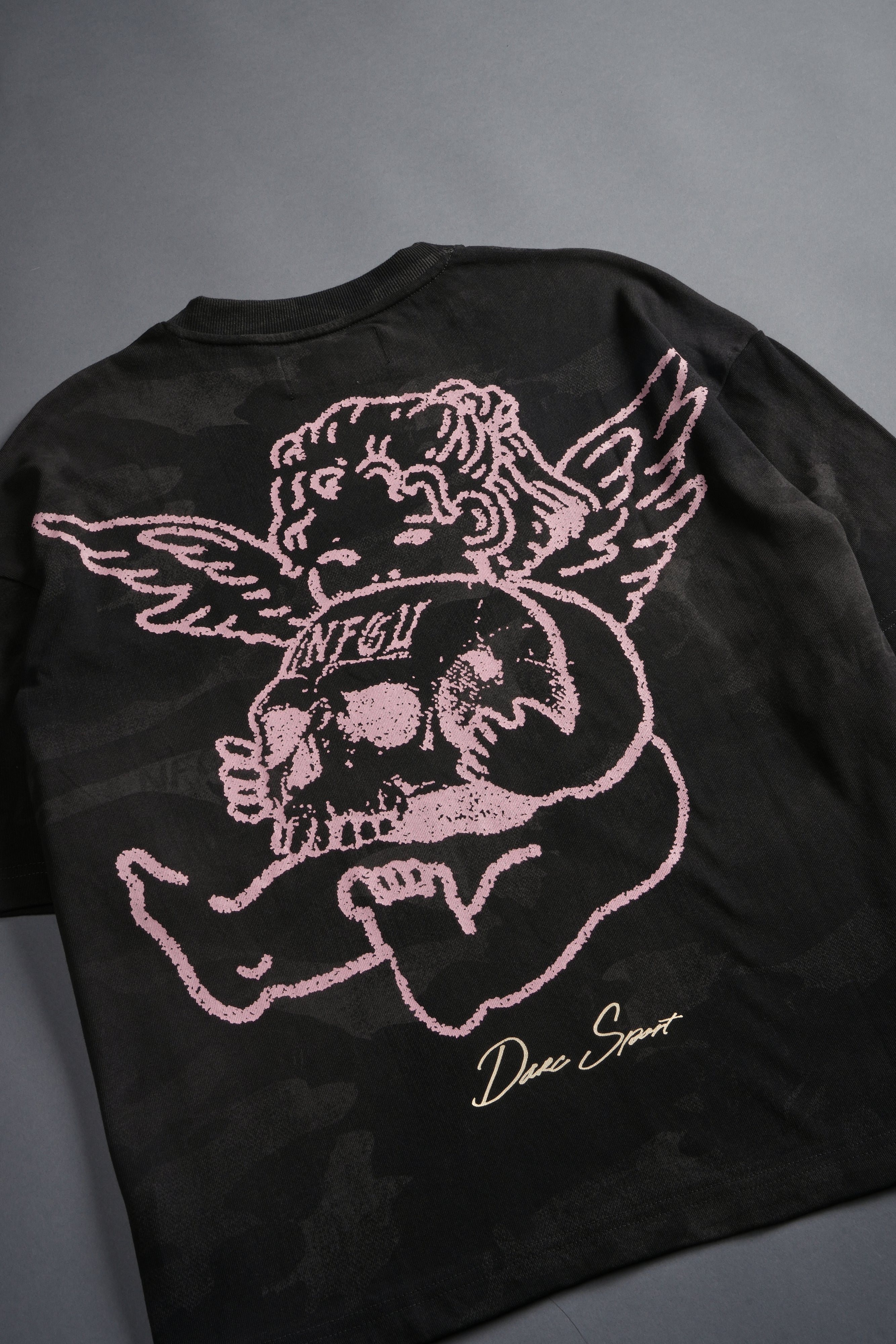 Cherub and the Skull Unisex Premium "Box Cut" Tee in Black Vintage Woodland Camo