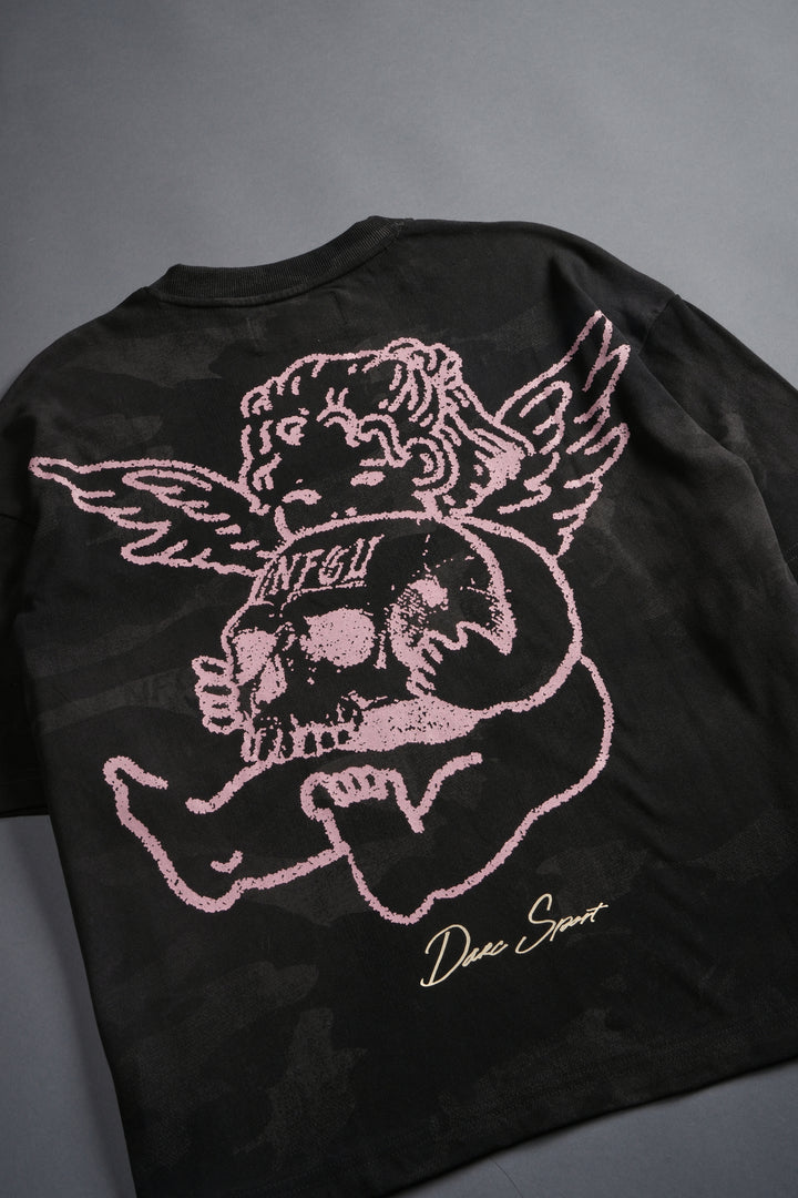 Cherub and the Skull Unisex Premium "Box Cut" Tee in Black Vintage Woodland Camo