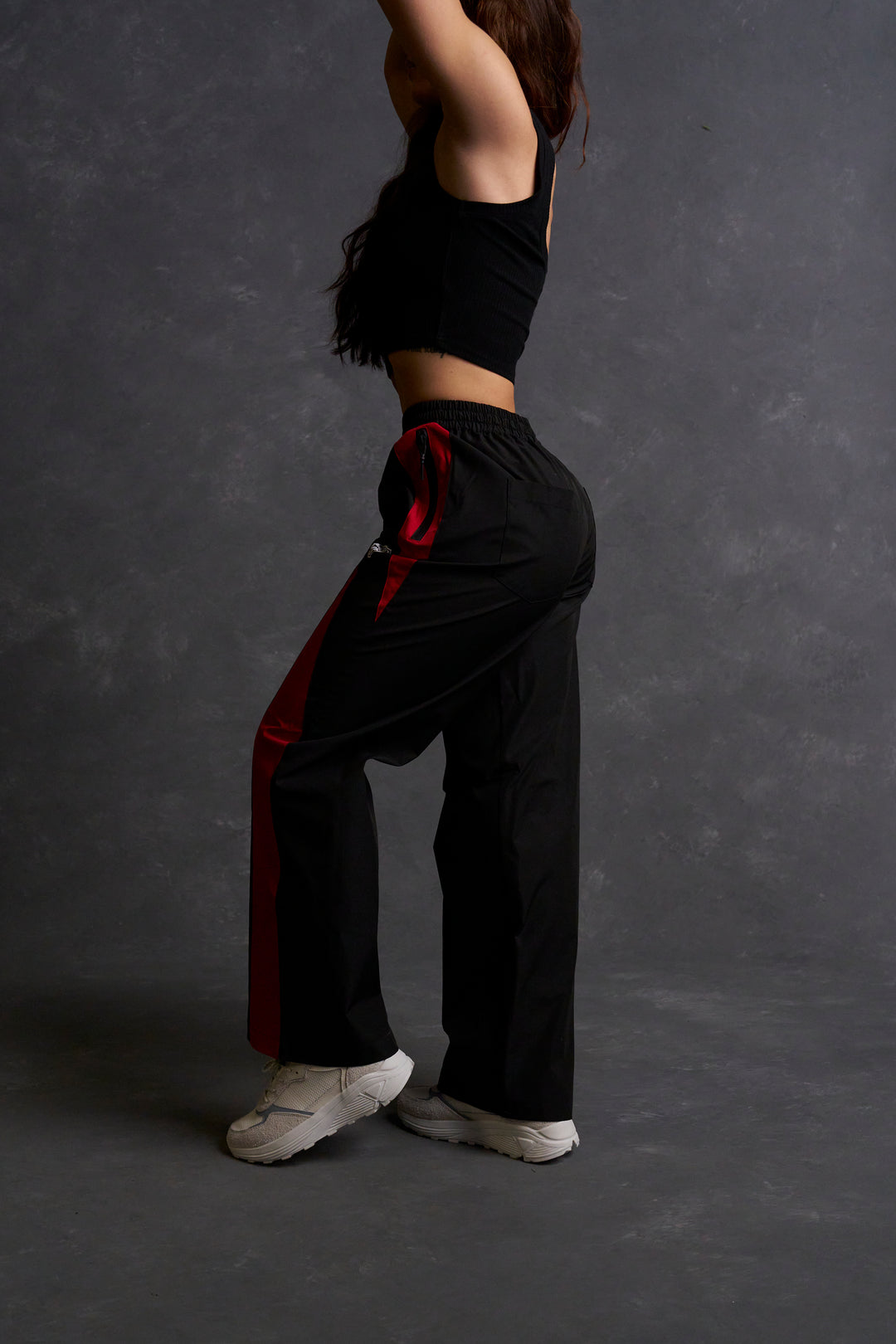 Dual Wolf Chopper Brolic Unisex Track Pants in Black/Red