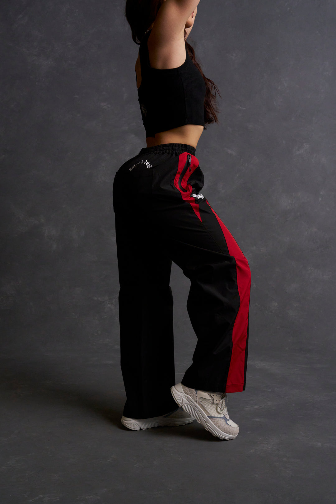 Dual Wolf Chopper Brolic Unisex Track Pants in Black/Red