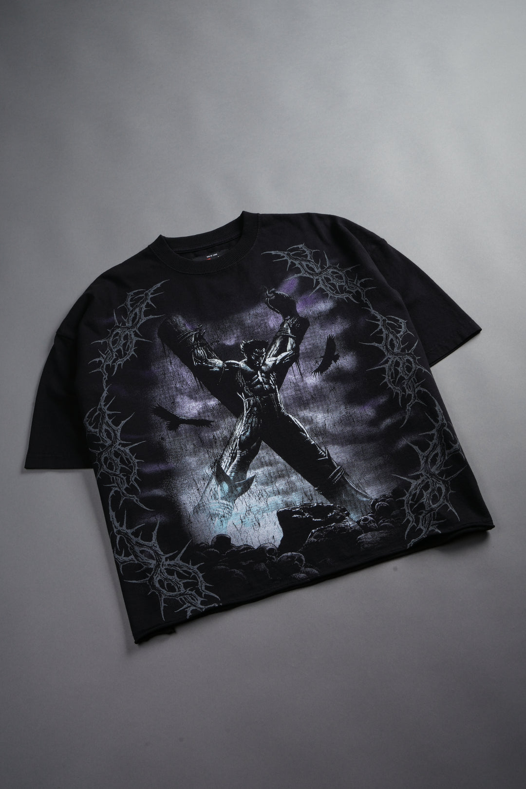 Wolverine Crucifix Grunge Raw Hem Box Cut Tee in Black