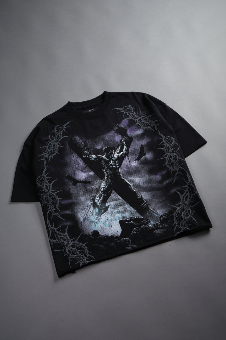 Wolverine Crucifix Grunge Raw Hem Box Cut Tee in Black