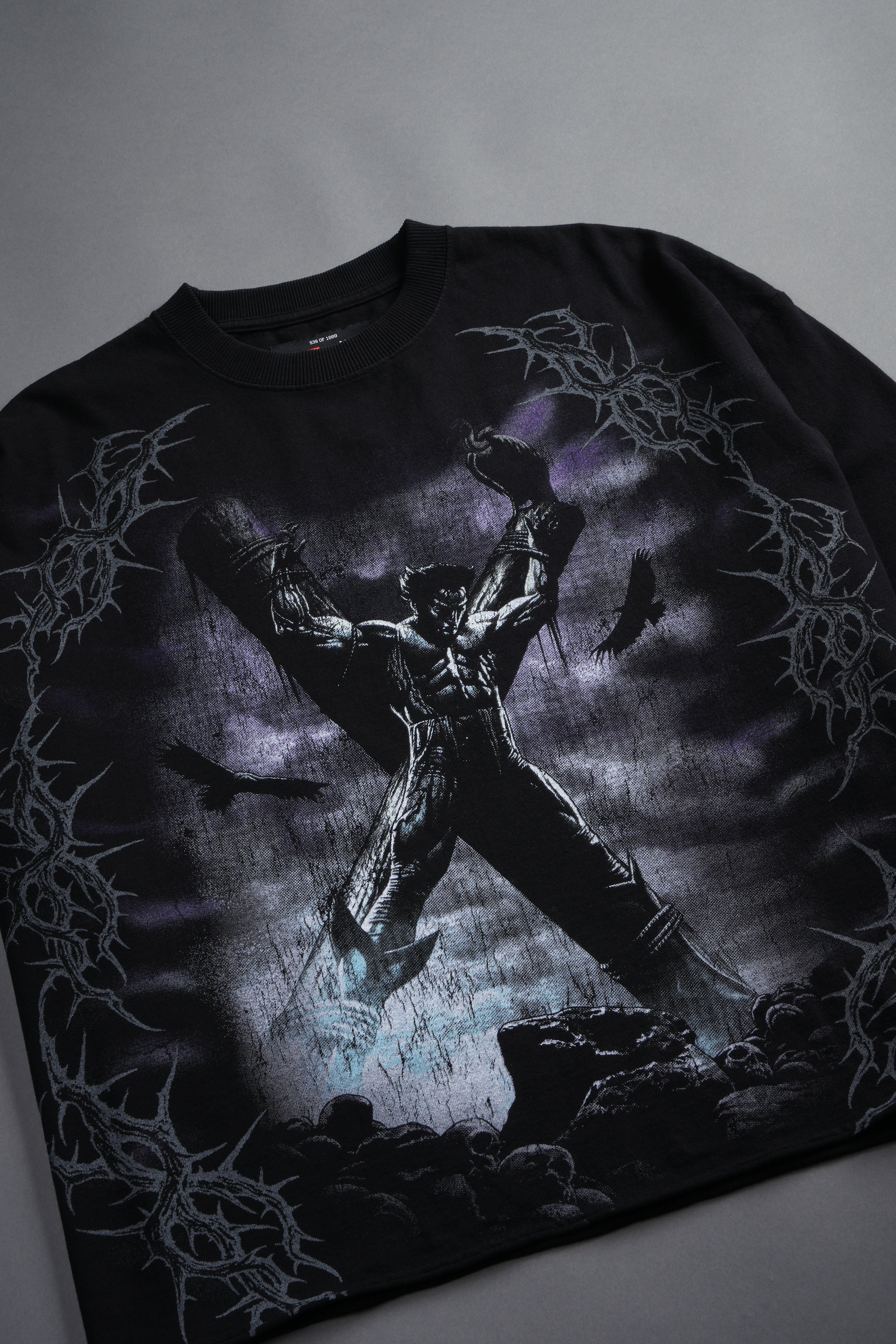 Wolverine Crucifix Grunge Raw Hem Box Cut Tee in Black