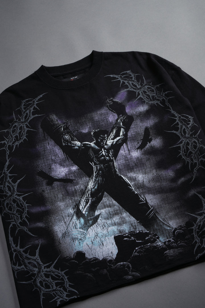Wolverine Crucifix Grunge Raw Hem Box Cut Tee in Black