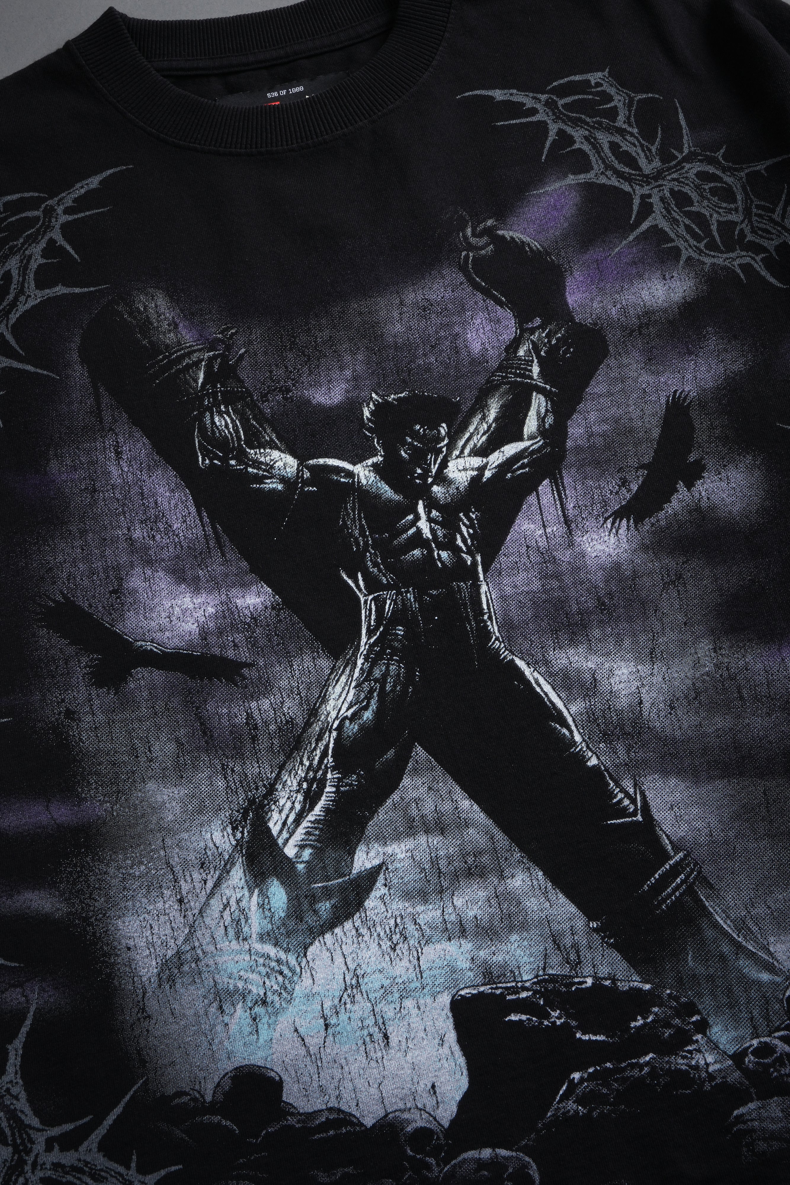Wolverine Crucifix Grunge Raw Hem Box Cut Tee in Black