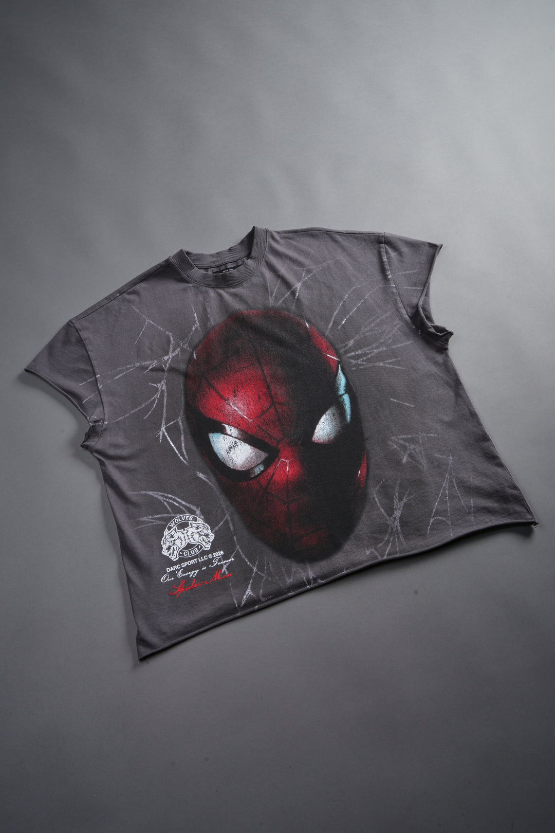 Web Of Darkness Grunge Mid Length Raw Hem Cap Sleeve Tee in Slate Gray