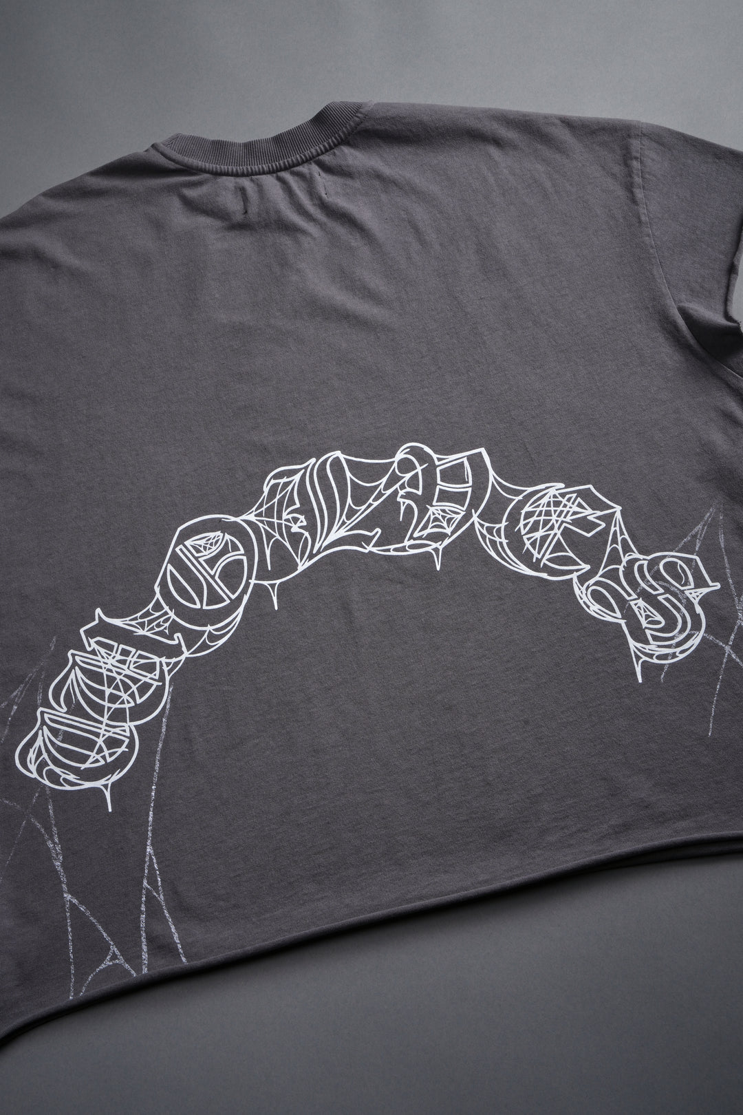 Web Of Darkness Grunge Mid Length Raw Hem Cap Sleeve Tee in Slate Gray