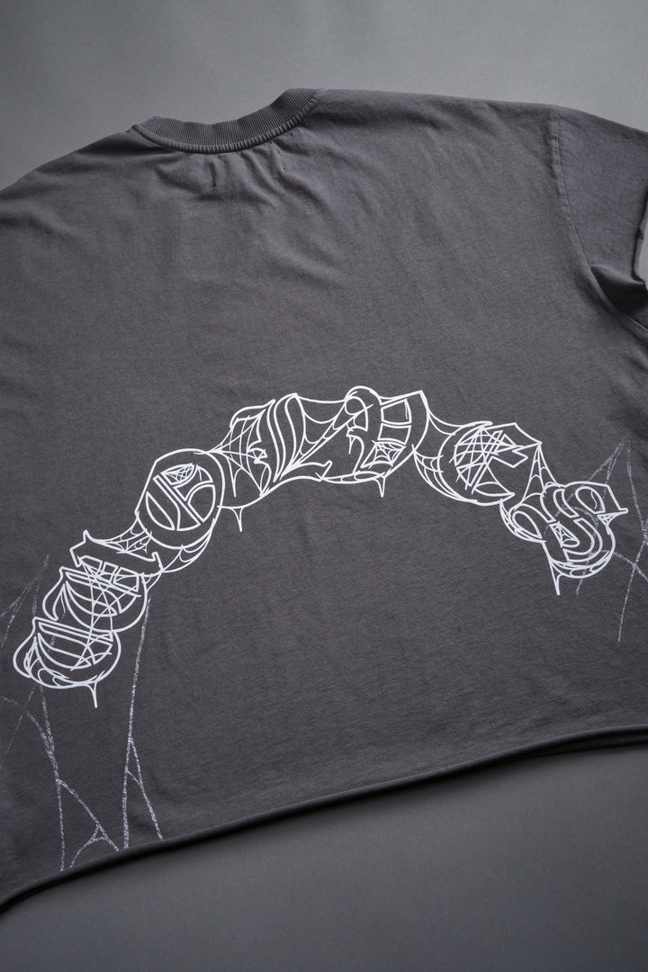 Web Of Darkness Grunge Mid Length Raw Hem Cap Sleeve Tee in Slate Gray