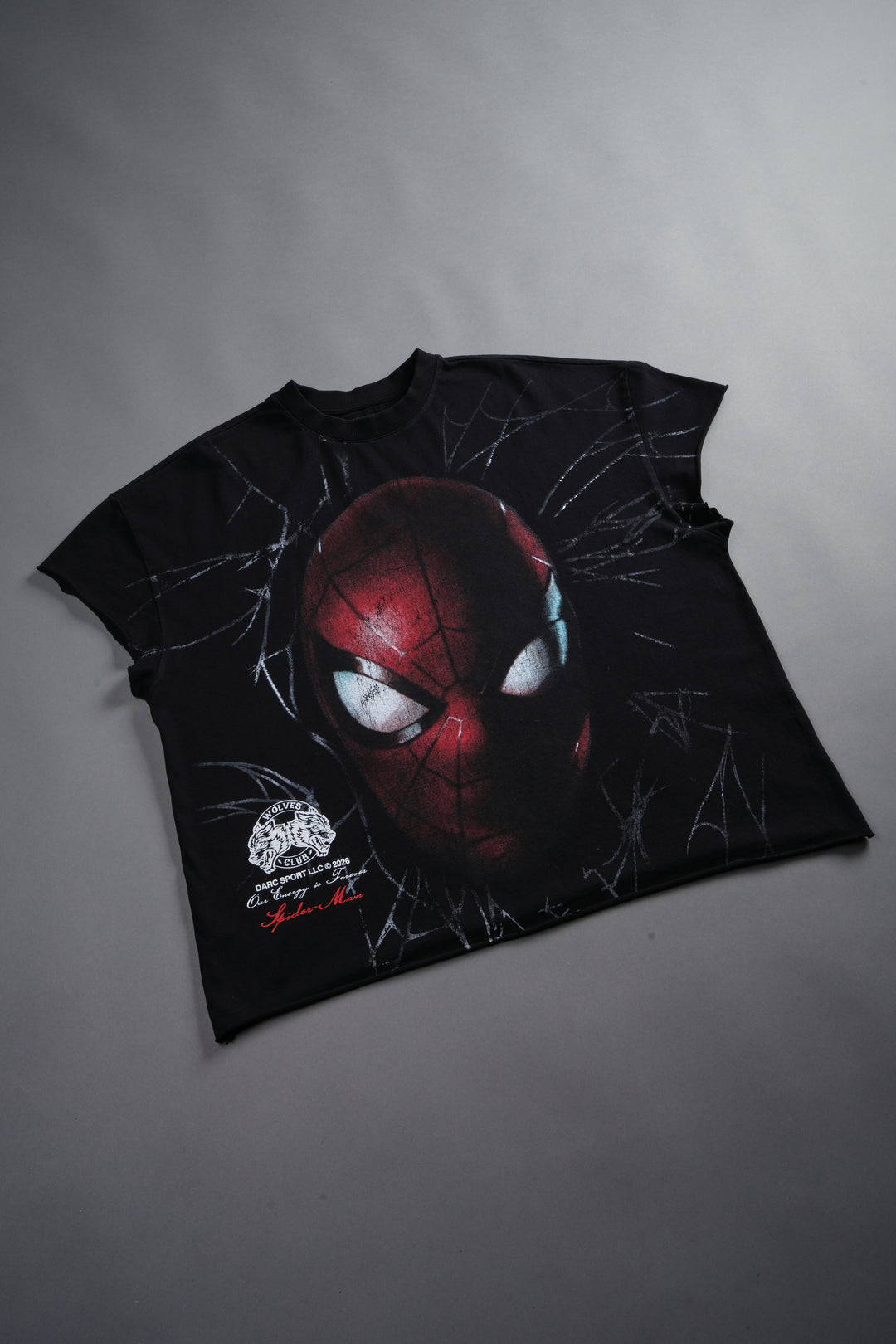 Web Of Darkness Grunge Mid Length Raw Hem Cap Sleeve Tee in Black