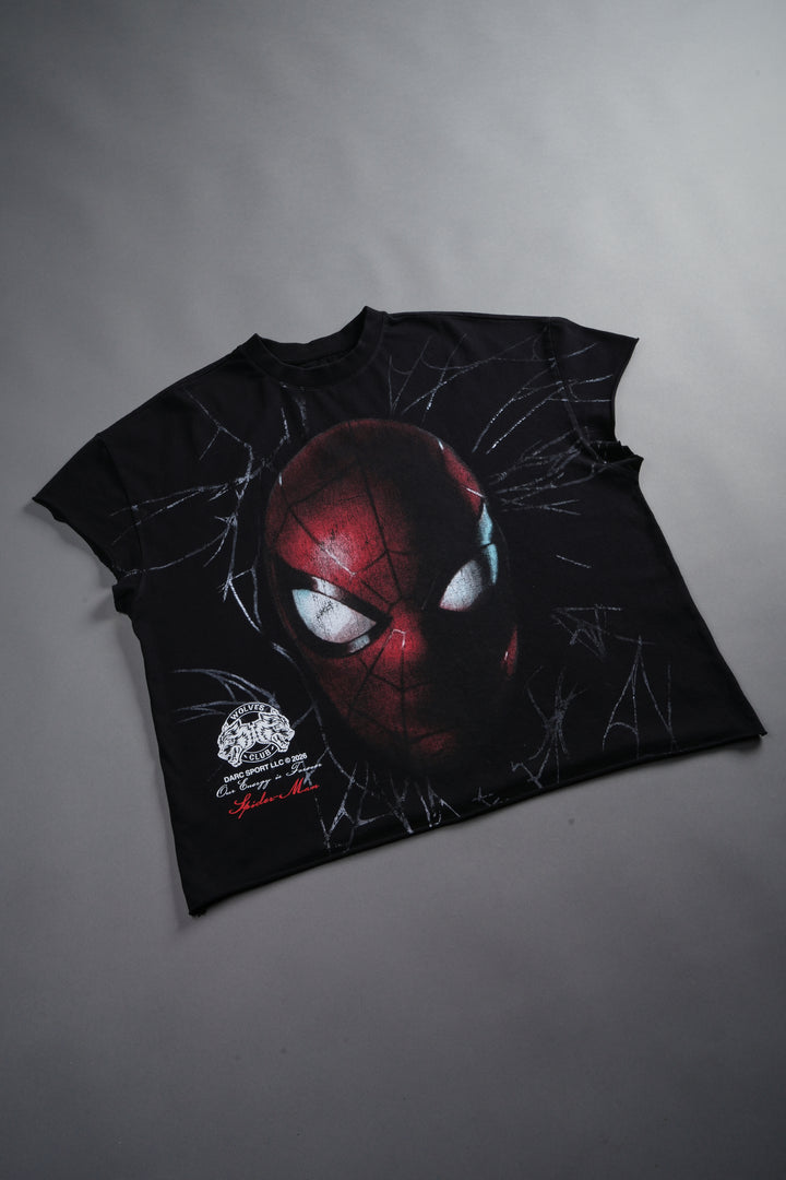 Web Of Darkness Grunge Mid Length Raw Hem Cap Sleeve Tee in Black