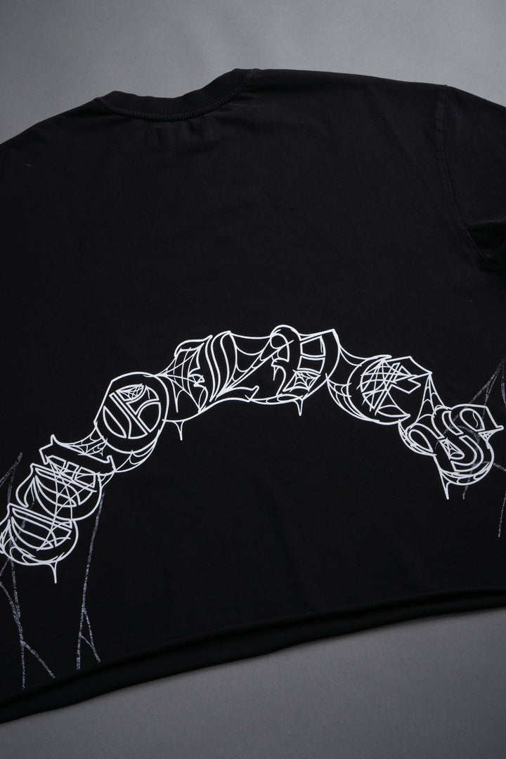 Web Of Darkness Grunge Mid Length Raw Hem Cap Sleeve Tee in Black