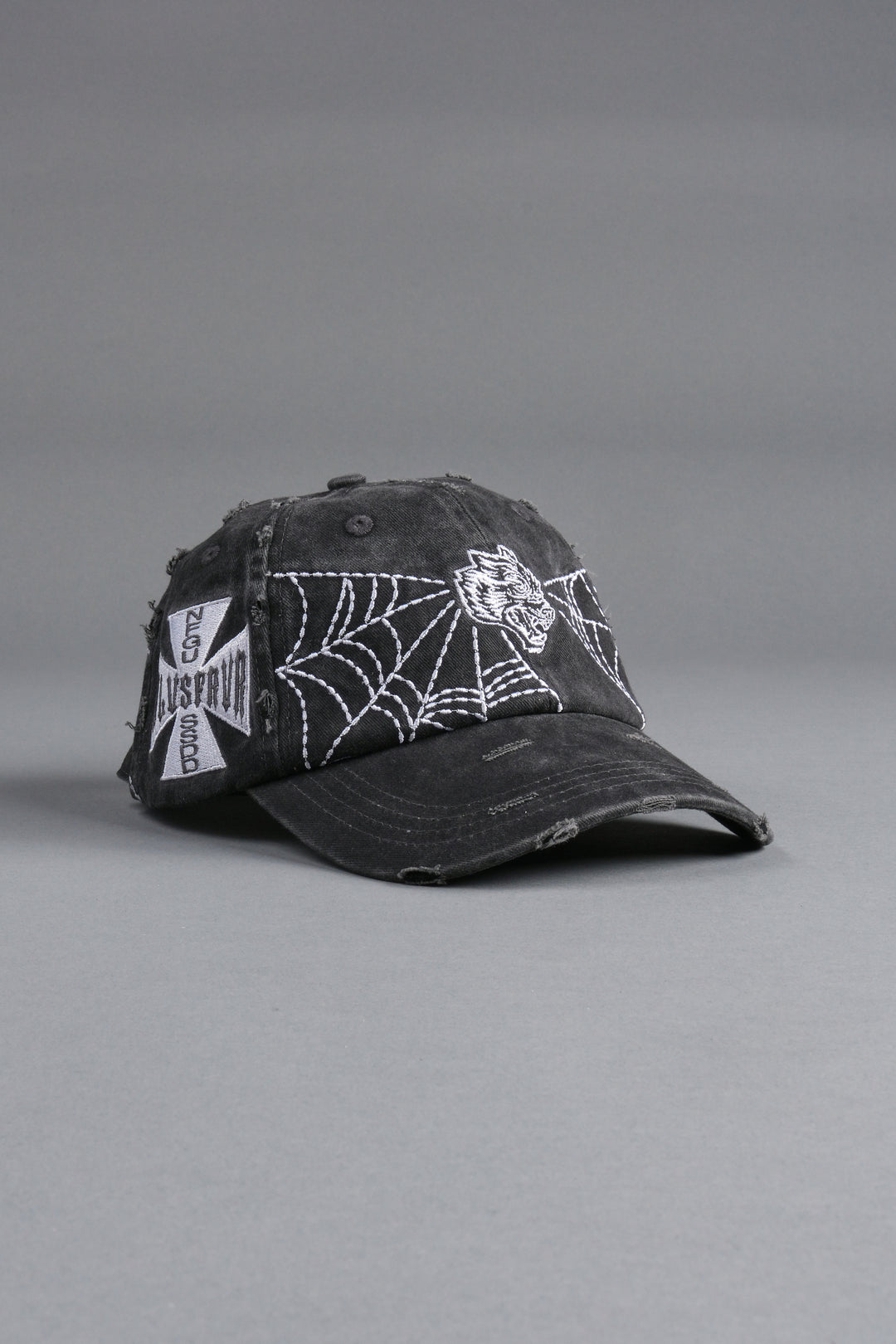 Webbed Distressed Dad Hat in Black