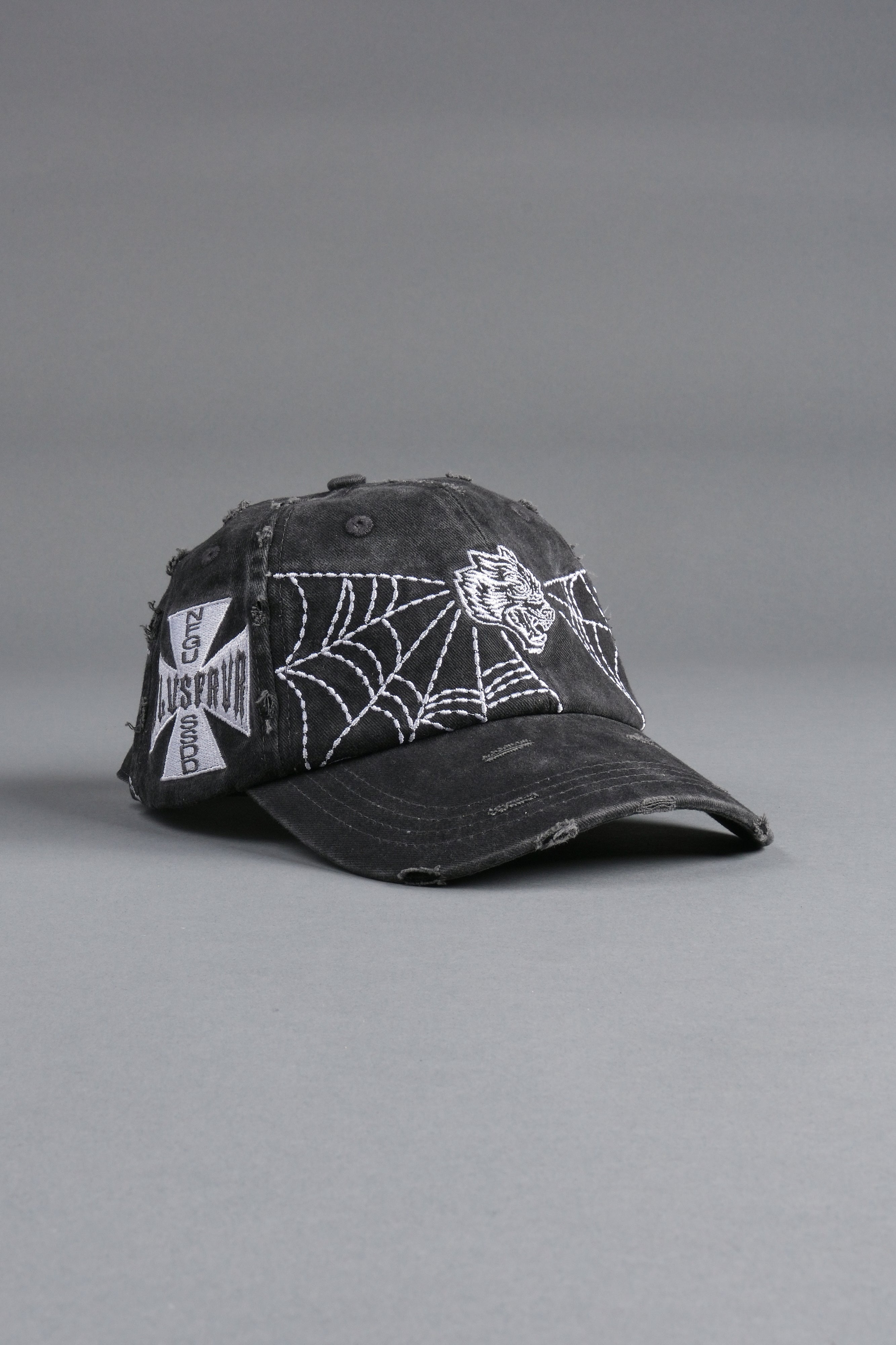 Webbed Distressed Dad Hat in Black