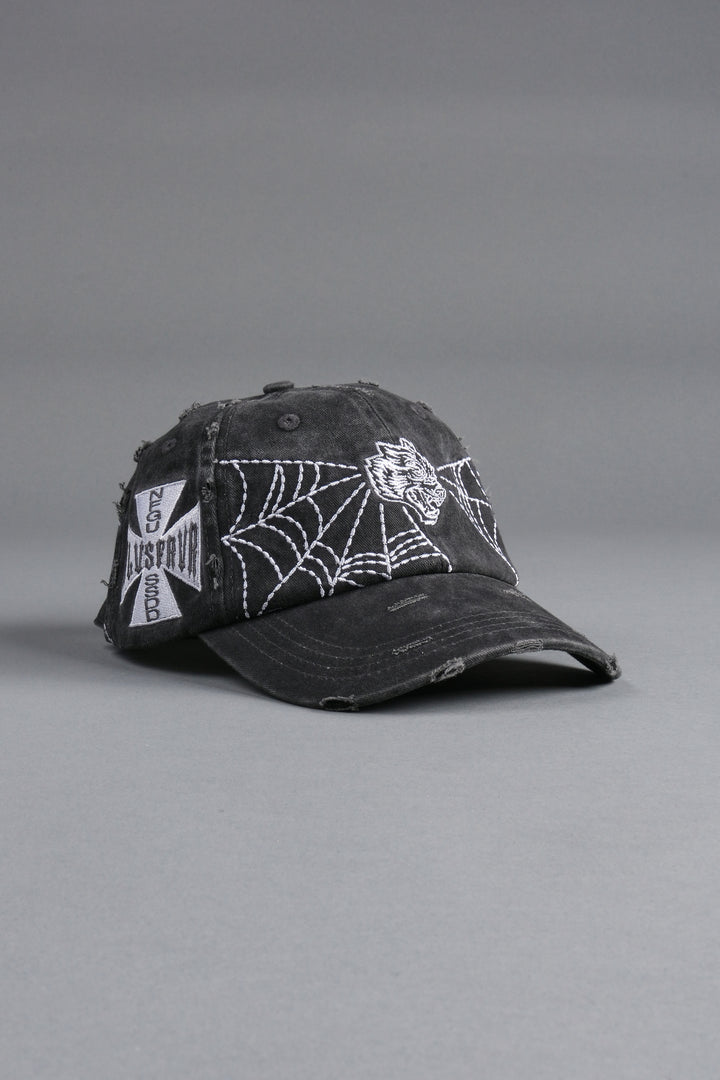 Webbed Distressed Dad Hat in Black