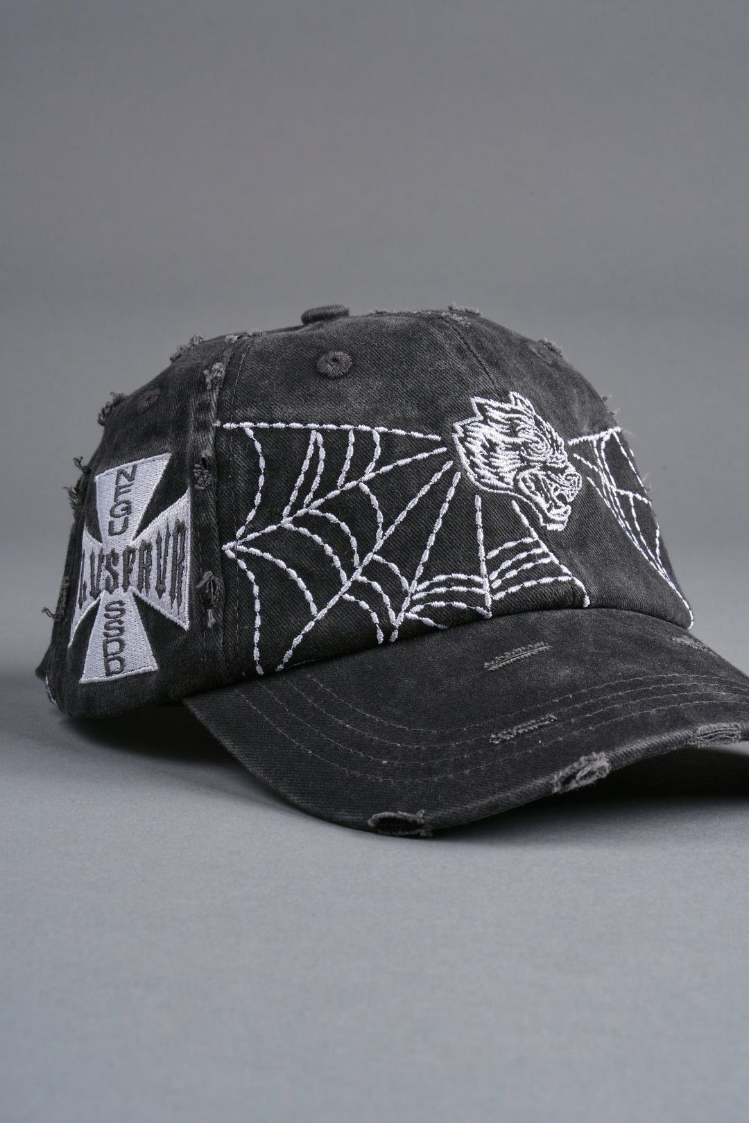 Webbed Distressed Dad Hat in Black