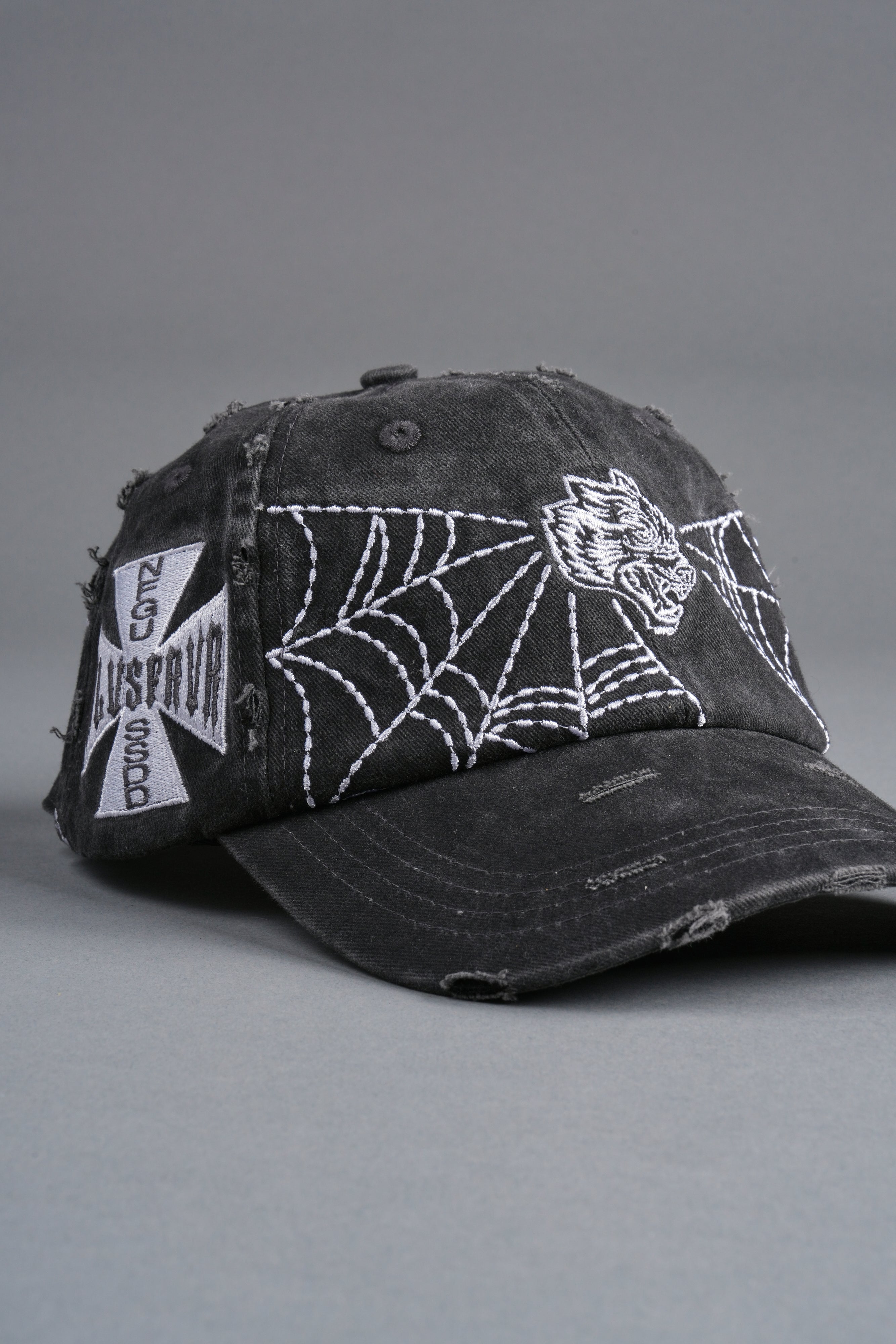Webbed Distressed Dad Hat in Black