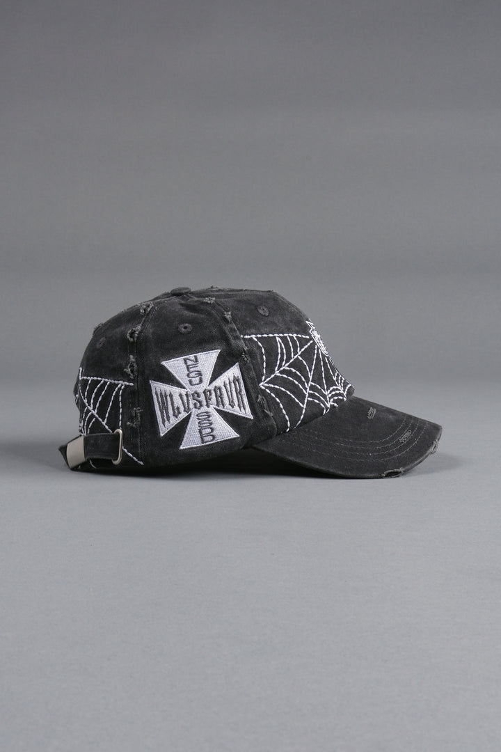 Webbed Distressed Dad Hat in Black