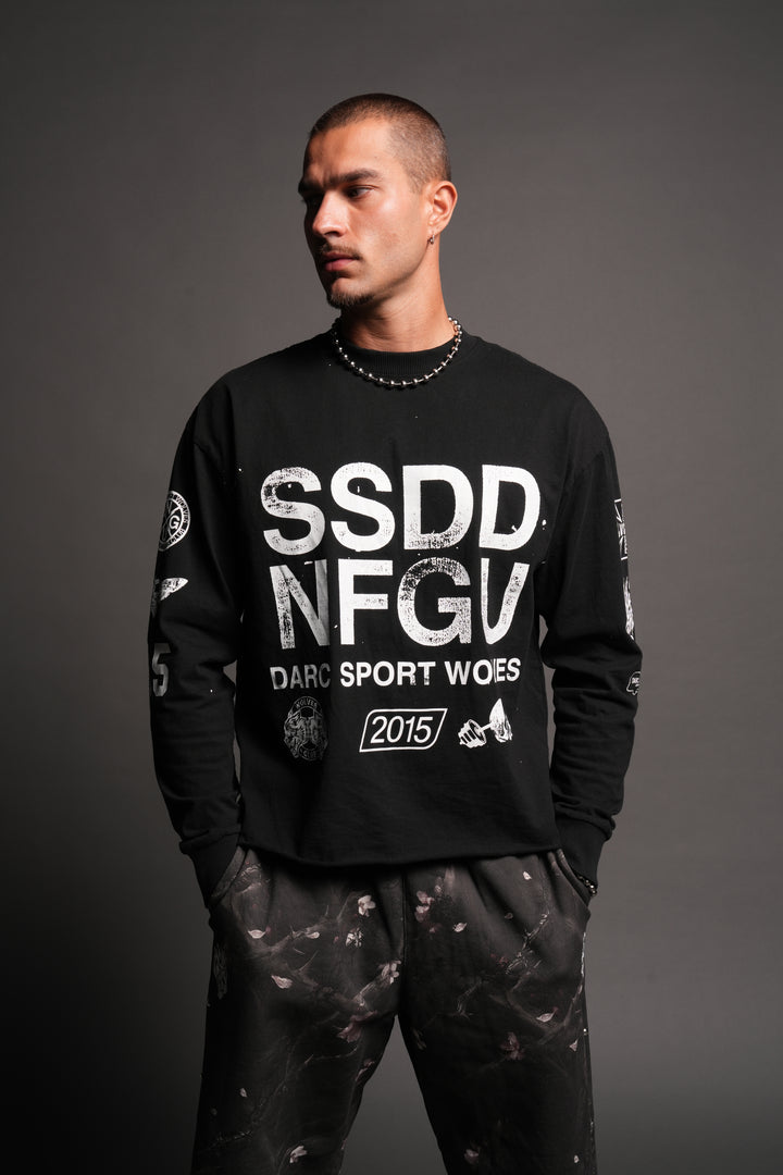 Club Core Grunge Mid Length Raw Hem Ls Tee In Black