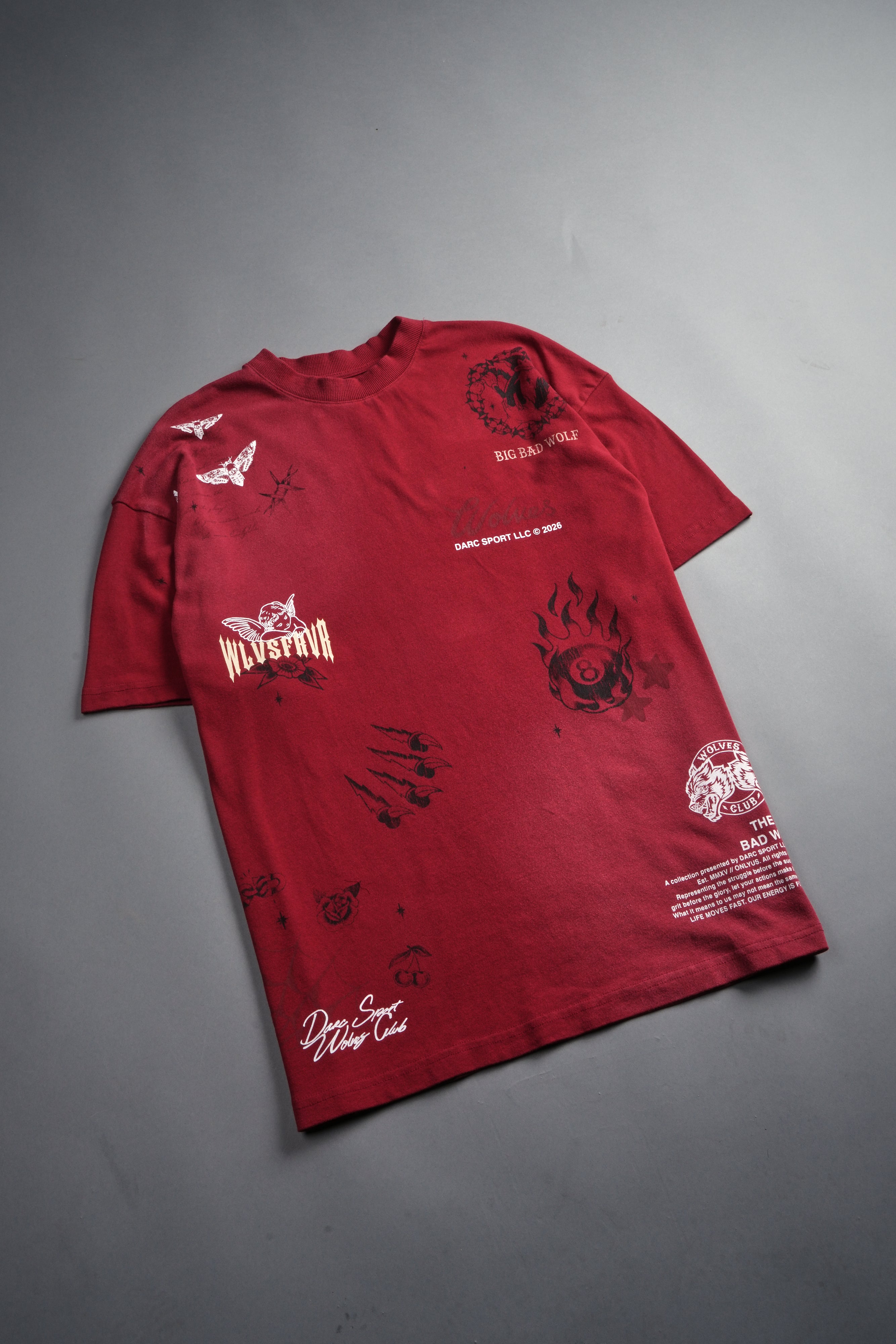 Big Bad Wolves Premium Oversized Tee in Carmine Red Sun Fade