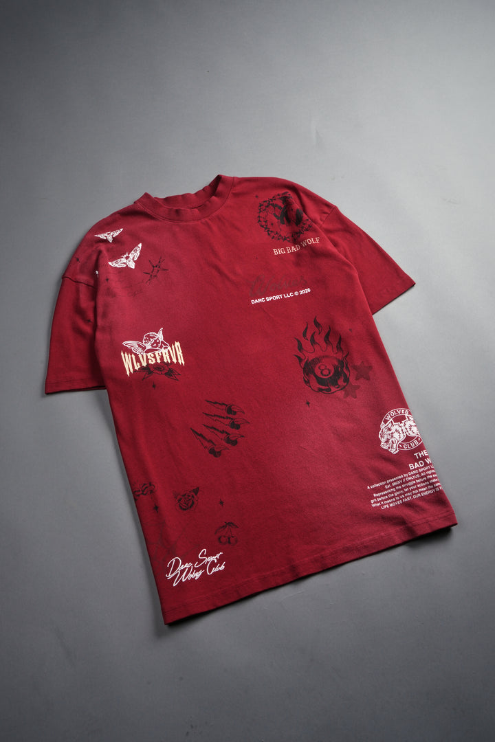 Big Bad Wolves Premium Oversized Tee in Carmine Red Sun Fade