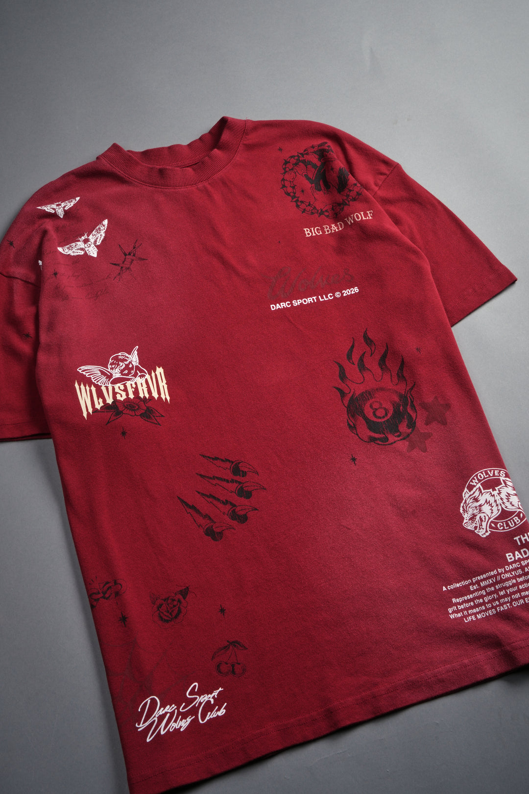 Big Bad Wolves Premium Oversized Tee in Carmine Red Sun Fade