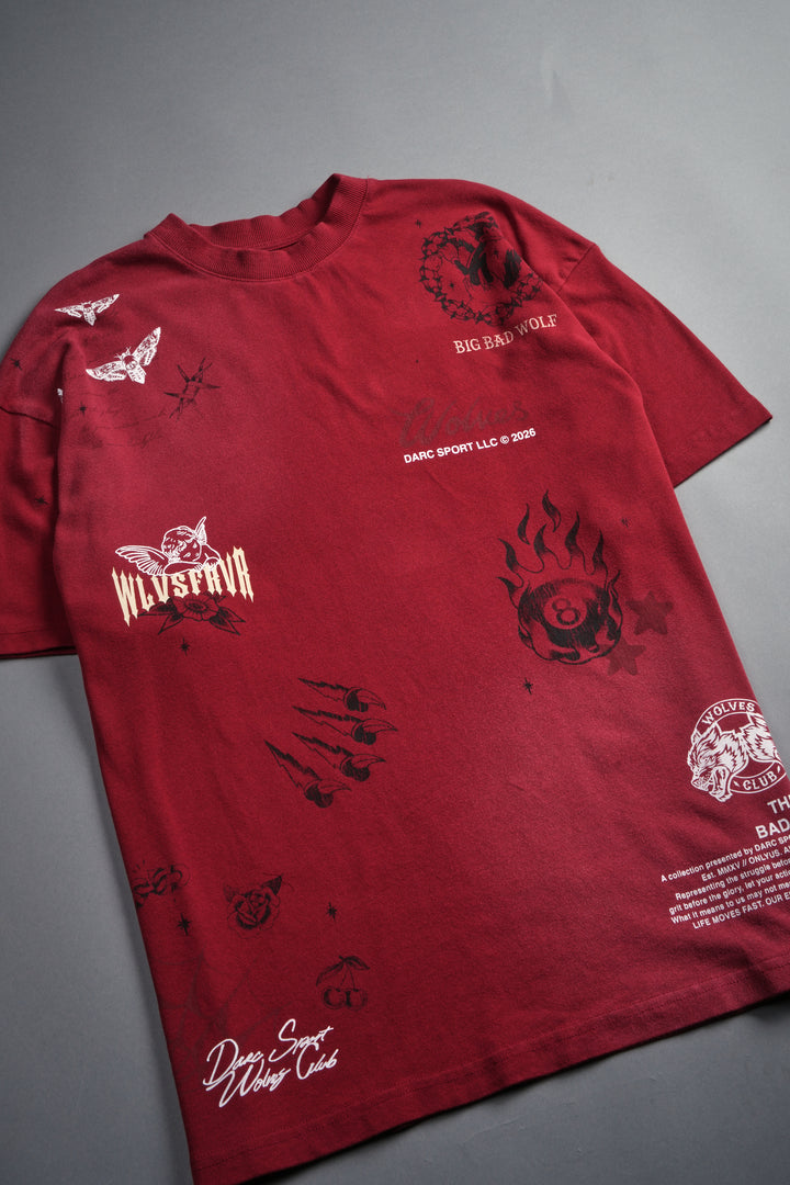 Big Bad Wolves Premium Oversized Tee in Carmine Red Sun Fade