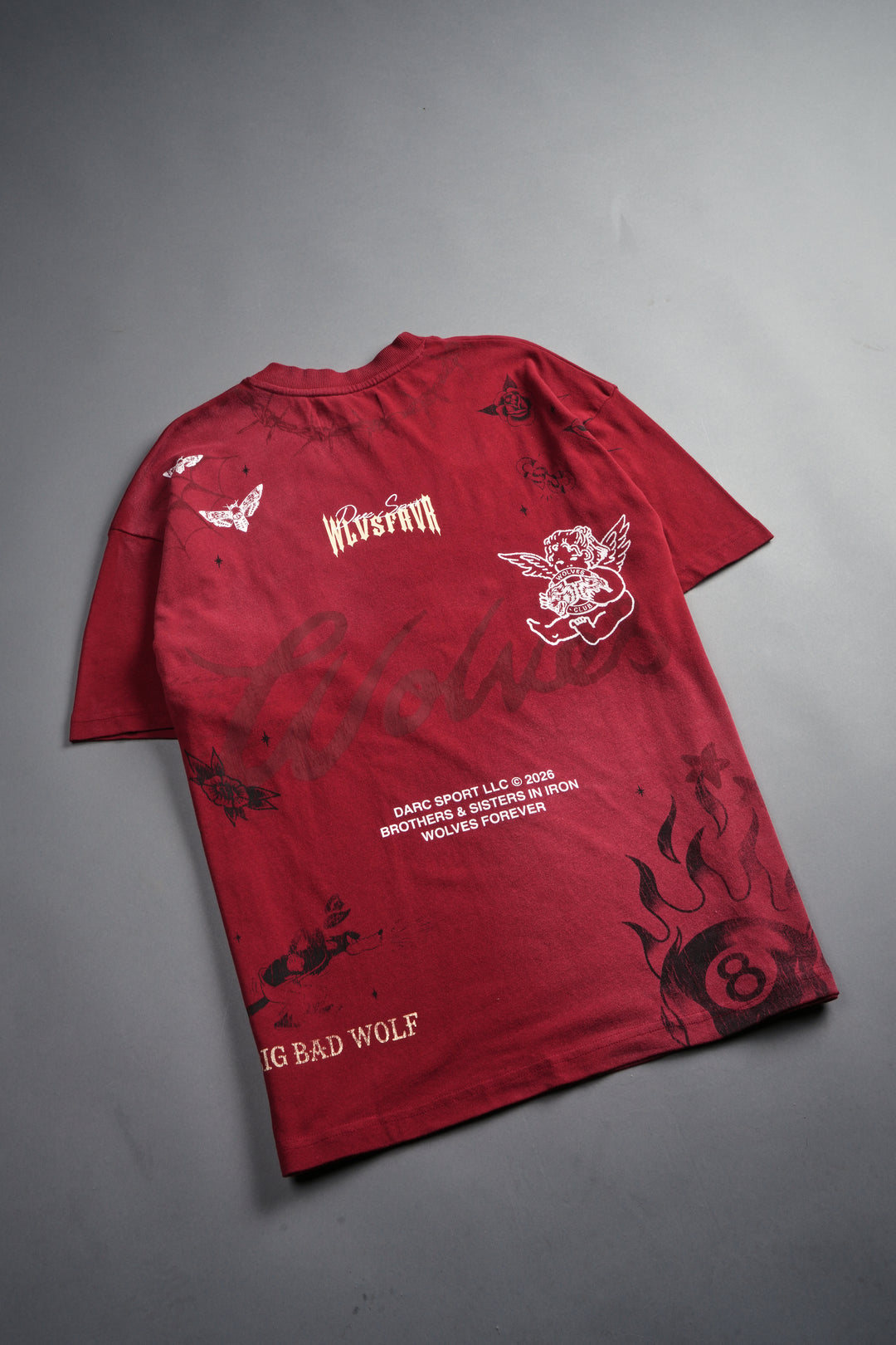 Big Bad Wolves Premium Oversized Tee in Carmine Red Sun Fade