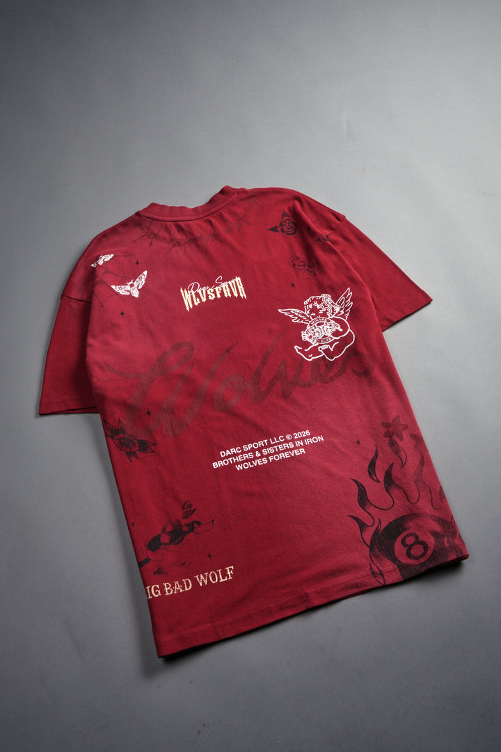 Big Bad Wolves Premium Oversized Tee in Carmine Red Sun Fade