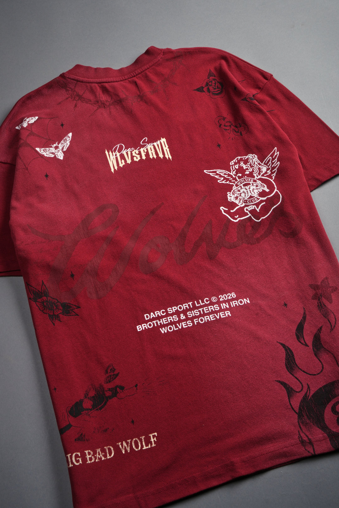 Big Bad Wolves Premium Oversized Tee in Carmine Red Sun Fade