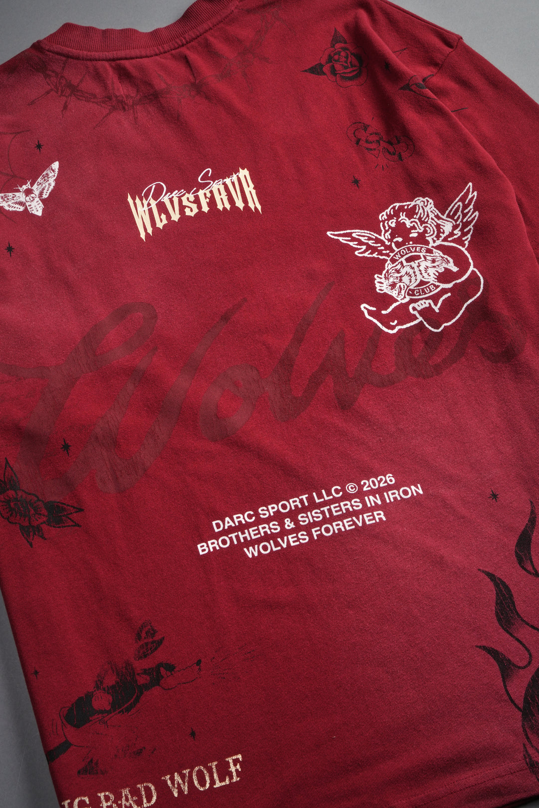 Big Bad Wolves Premium Oversized Tee in Carmine Red Sun Fade