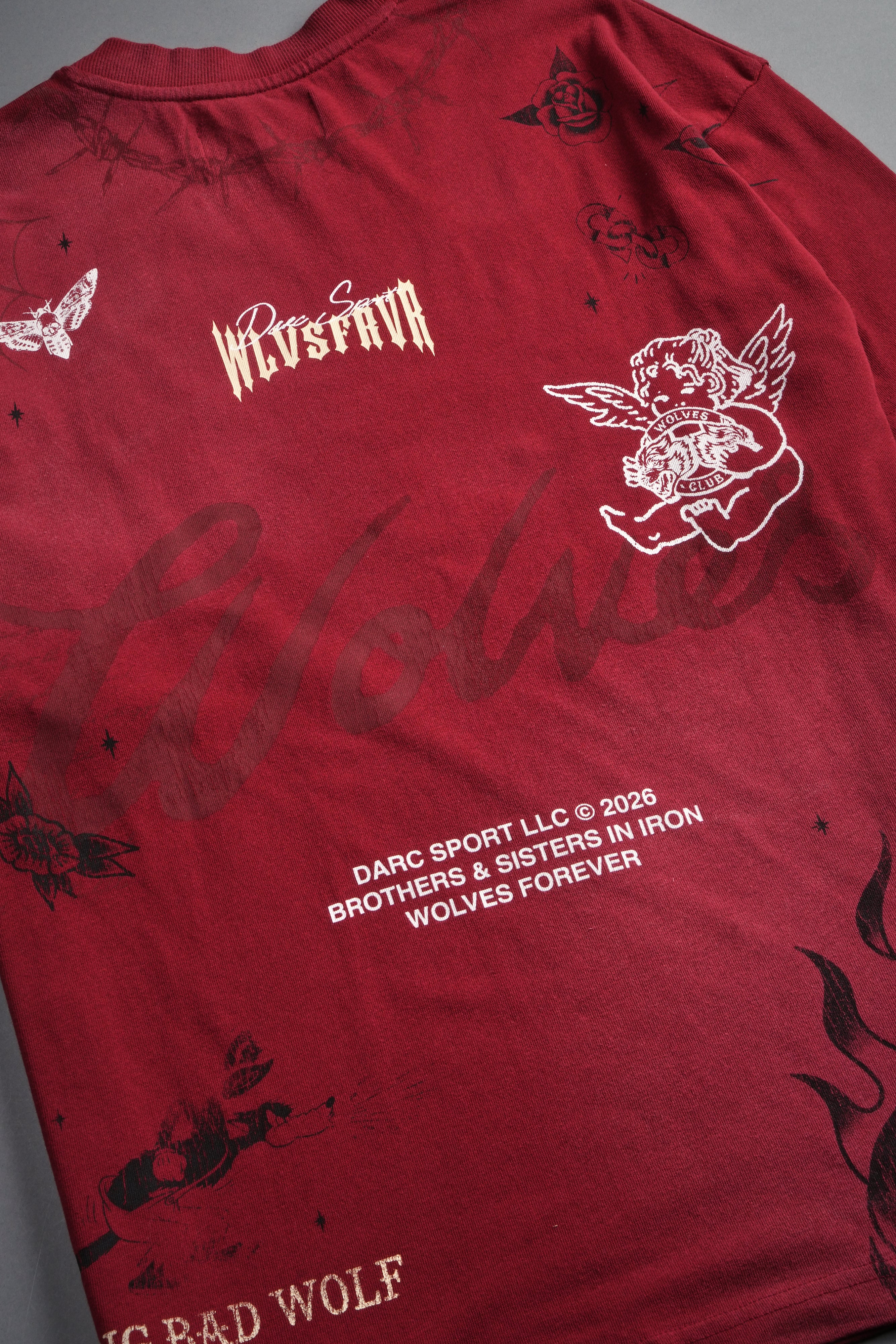 Big Bad Wolves Premium Oversized Tee in Carmine Red Sun Fade