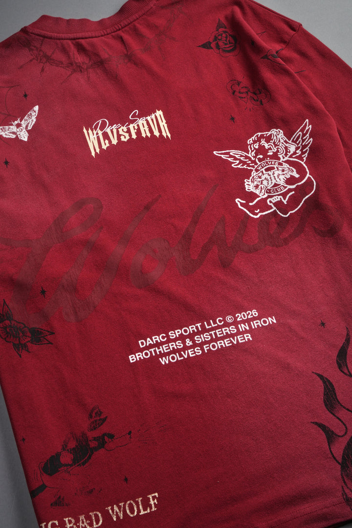 Big Bad Wolves Premium Oversized Tee in Carmine Red Sun Fade