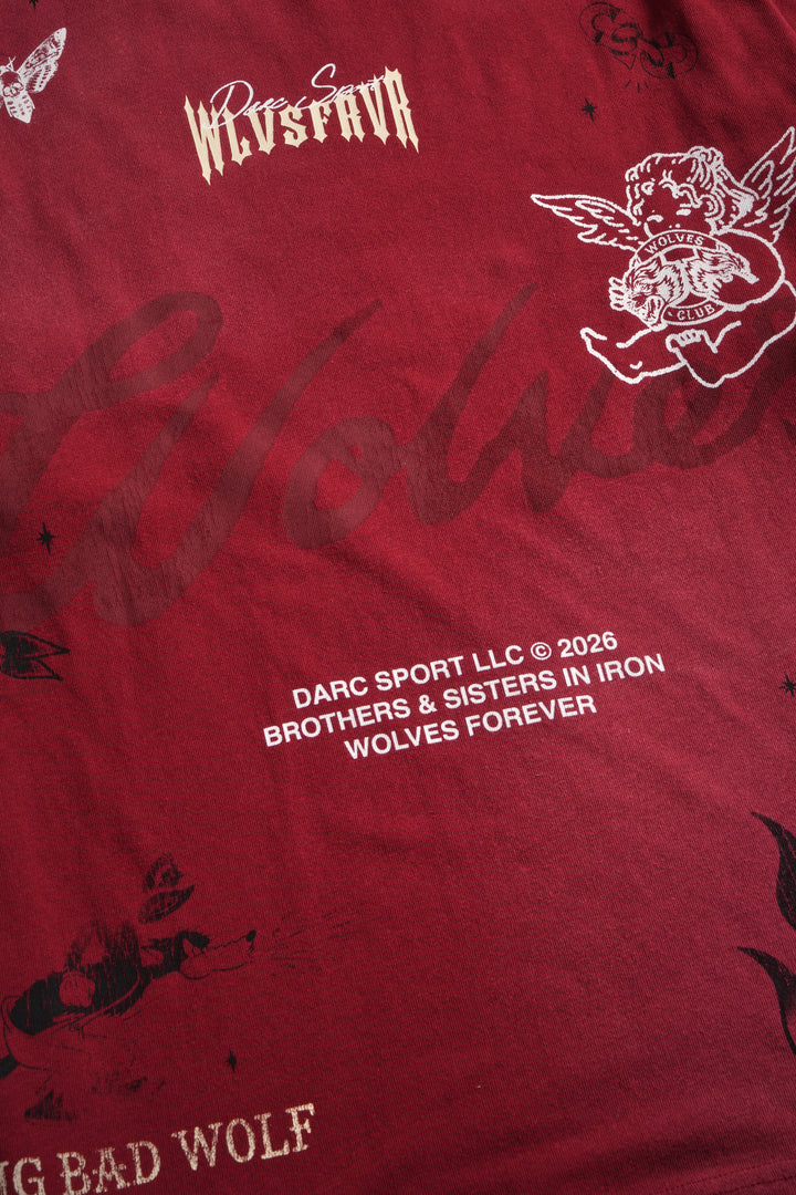 Big Bad Wolves Premium Oversized Tee in Carmine Red Sun Fade