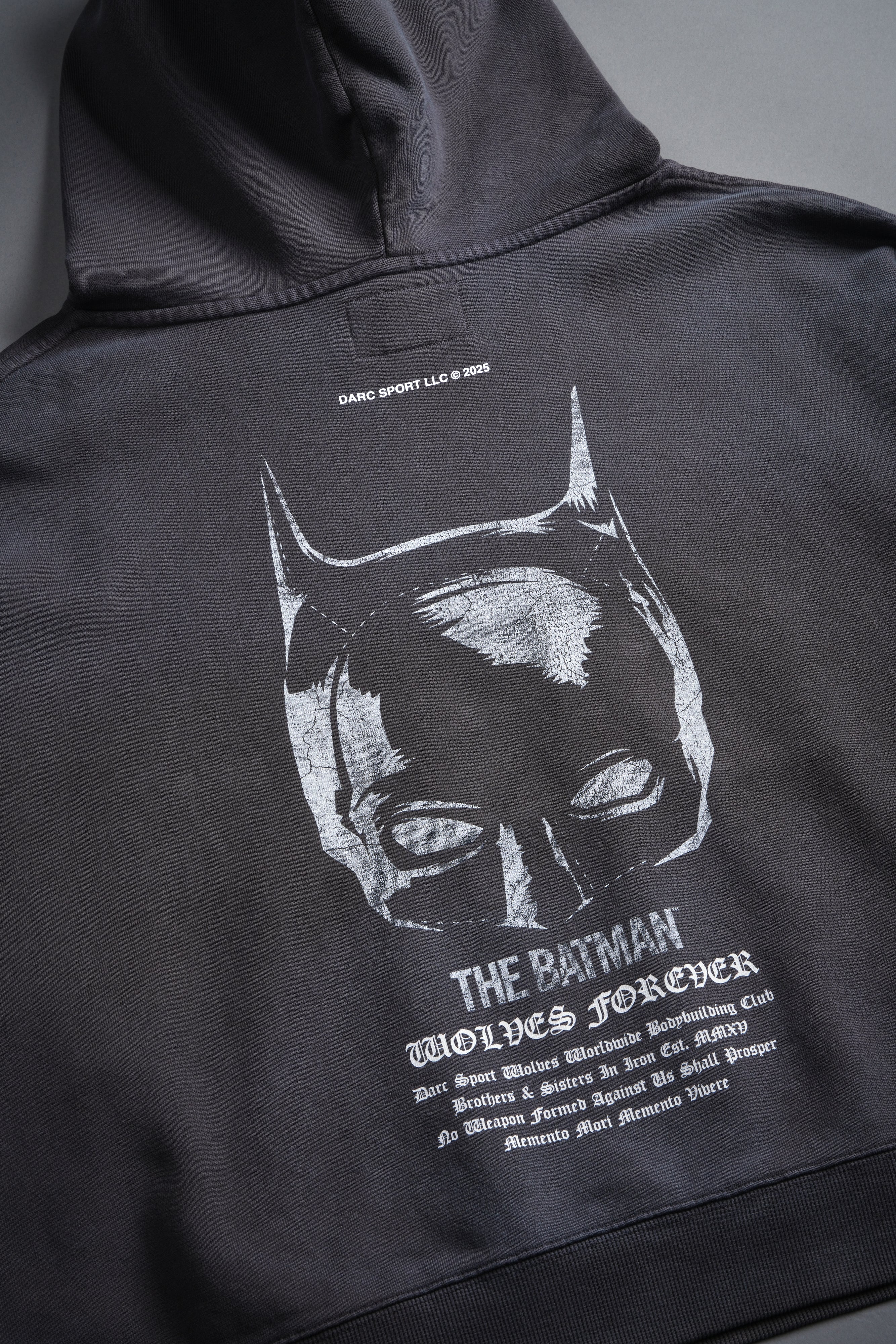 The Batman Forever Grunge "Gage Box Cut" Hoodie in Wolf Gray Drift Wash