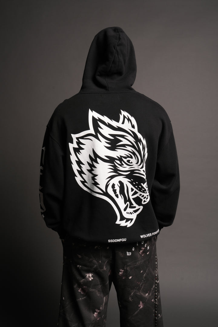 Big Wolf Head Pierce Hoodie In Black