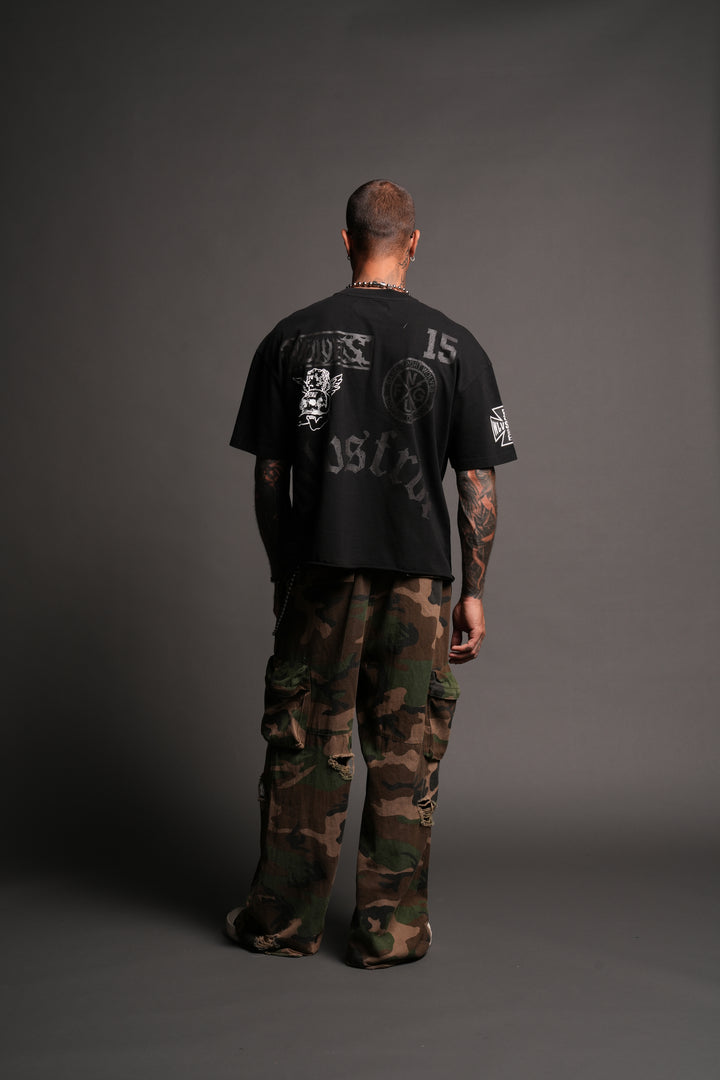 Flash Core Grunge Mid Length Raw Hem Tee In Black